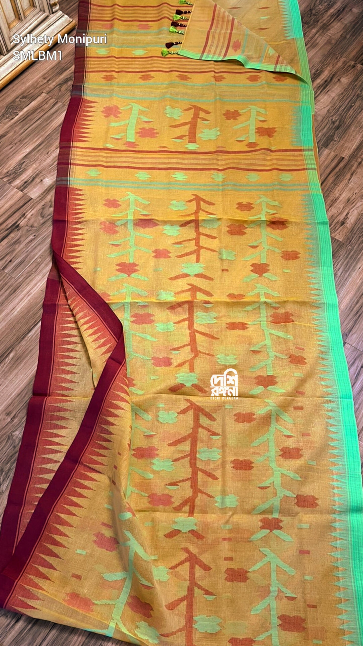 Sylheti Monipuri Handwoven Cotton Saree, Amber & Temple Border