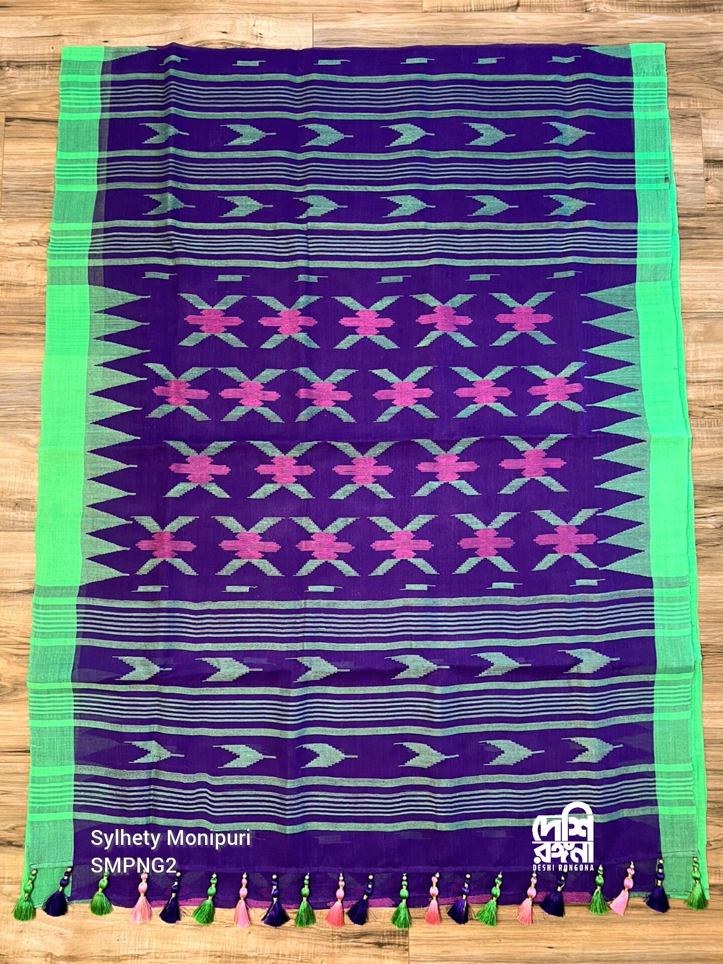 Sylheti Monipuri Handwoven Saree – Purple & Neon Green