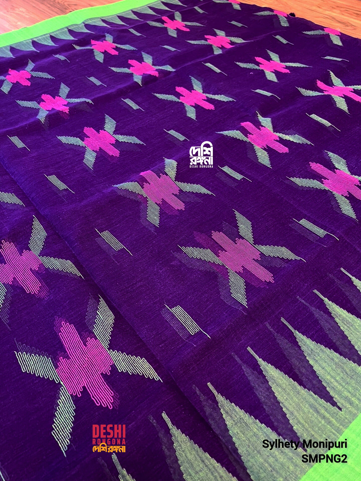 Sylheti Monipuri Handwoven Saree – Purple & Neon Green