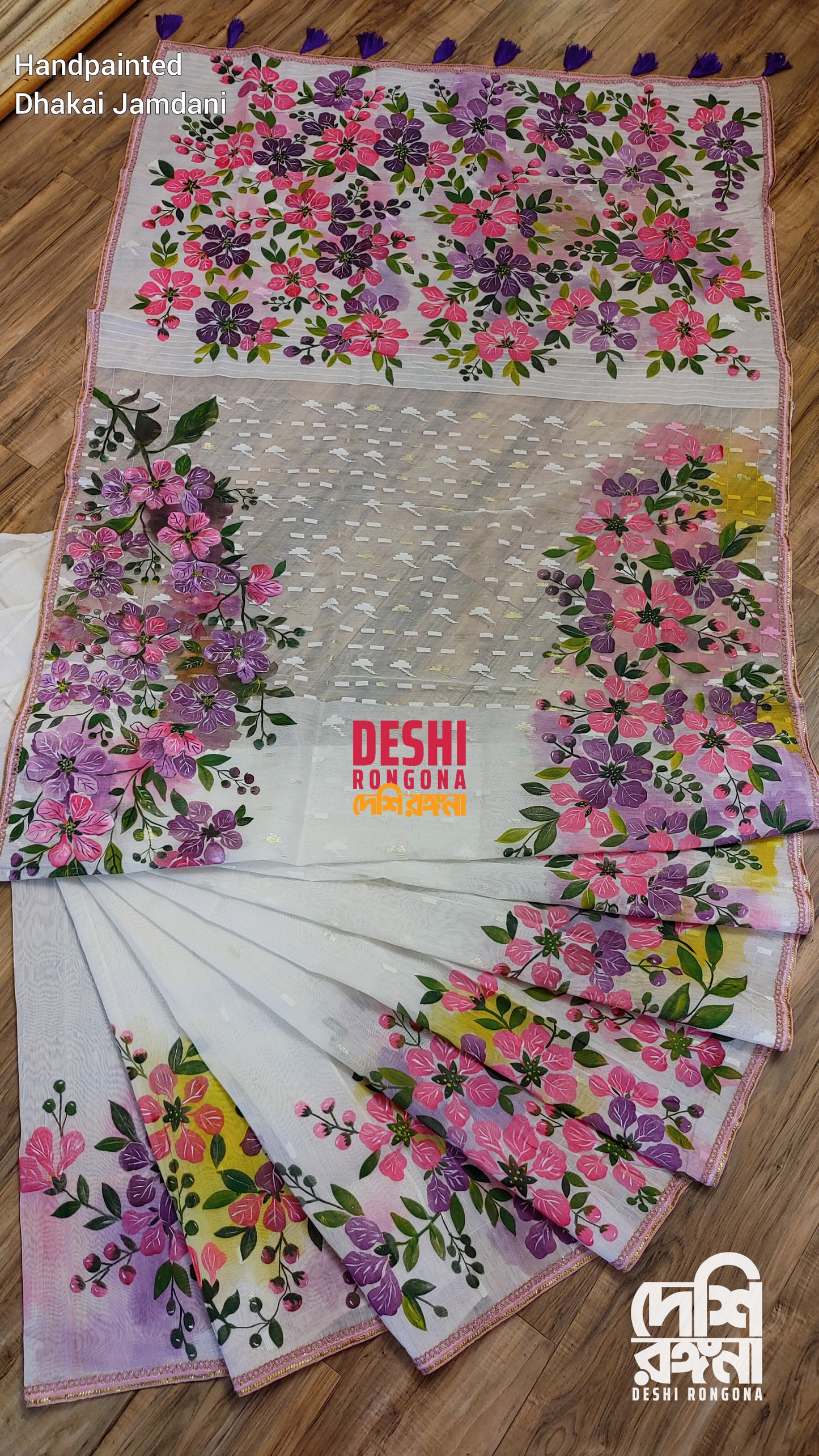 Handpainted Jamdani, Original Dhakai Saree | Queens Crepe Myrtle Flower Theme
