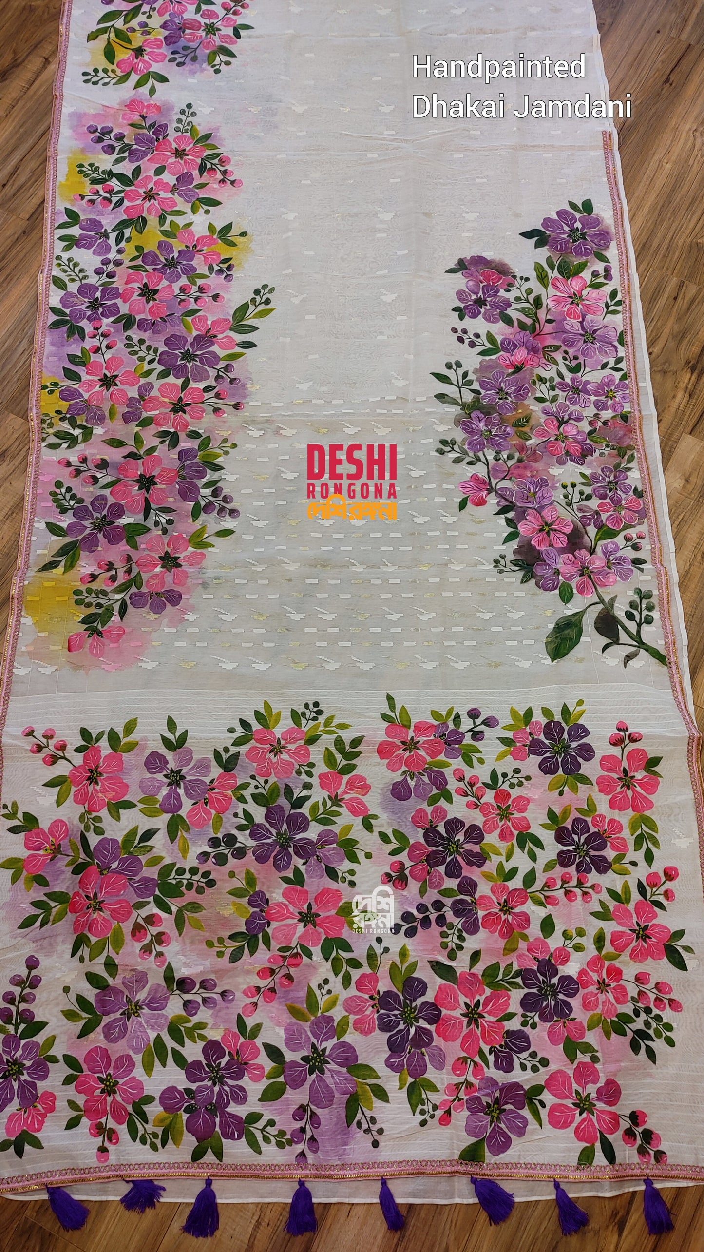 Handpainted Jamdani, Original Dhakai Saree | Queens Crepe Myrtle Flower Theme