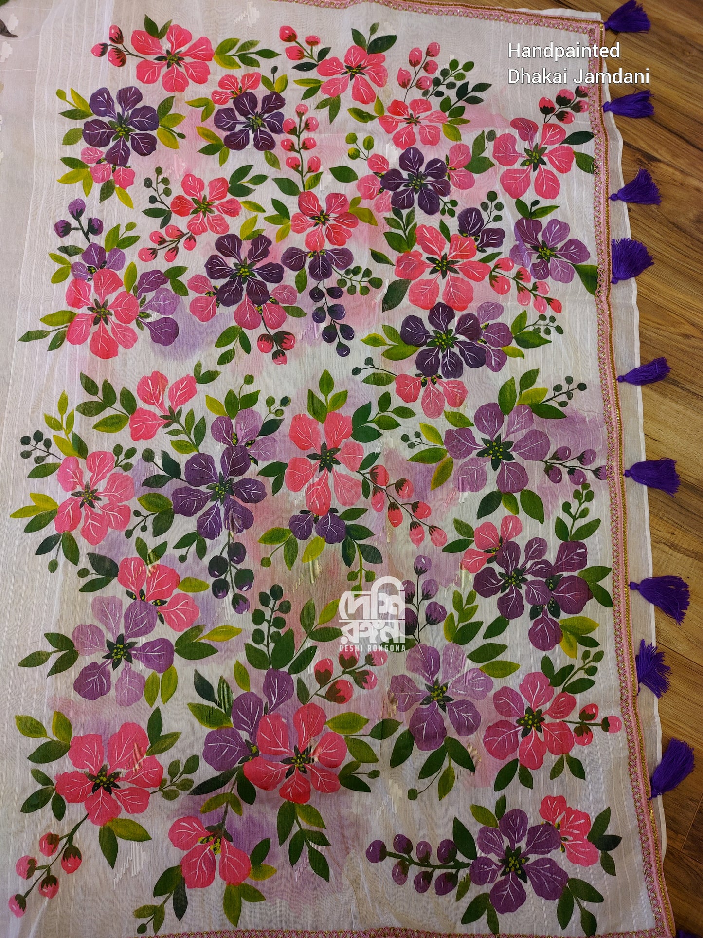 Handpainted Jamdani, Original Dhakai Saree | Queens Crepe Myrtle Flower Theme