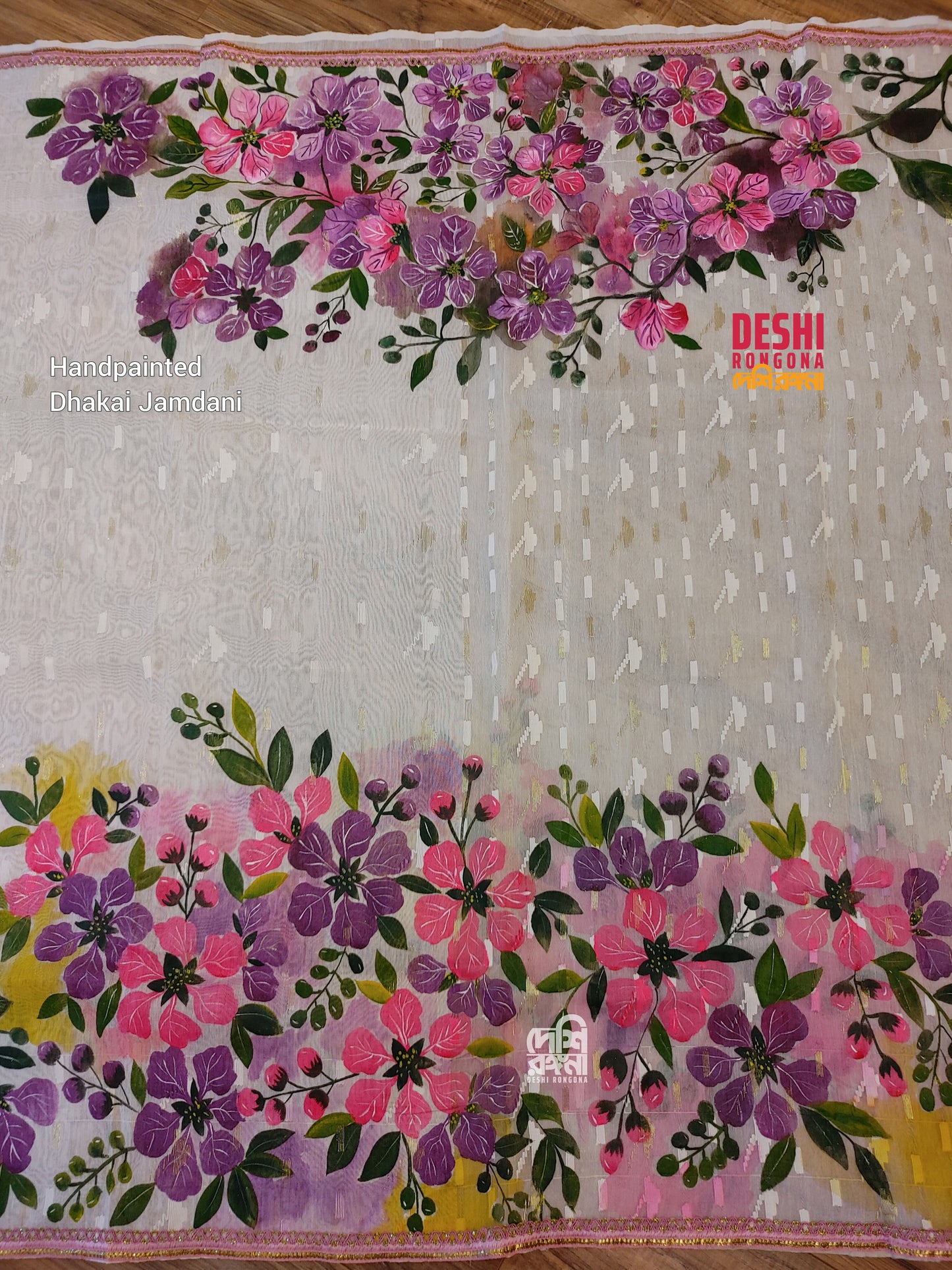 Handpainted Jamdani, Original Dhakai Saree | Queens Crepe Myrtle Flower Theme