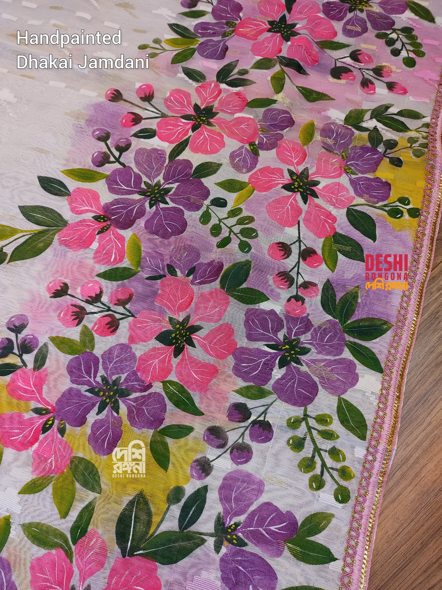 Handpainted Jamdani, Original Dhakai Saree | Queens Crepe Myrtle Flower Theme