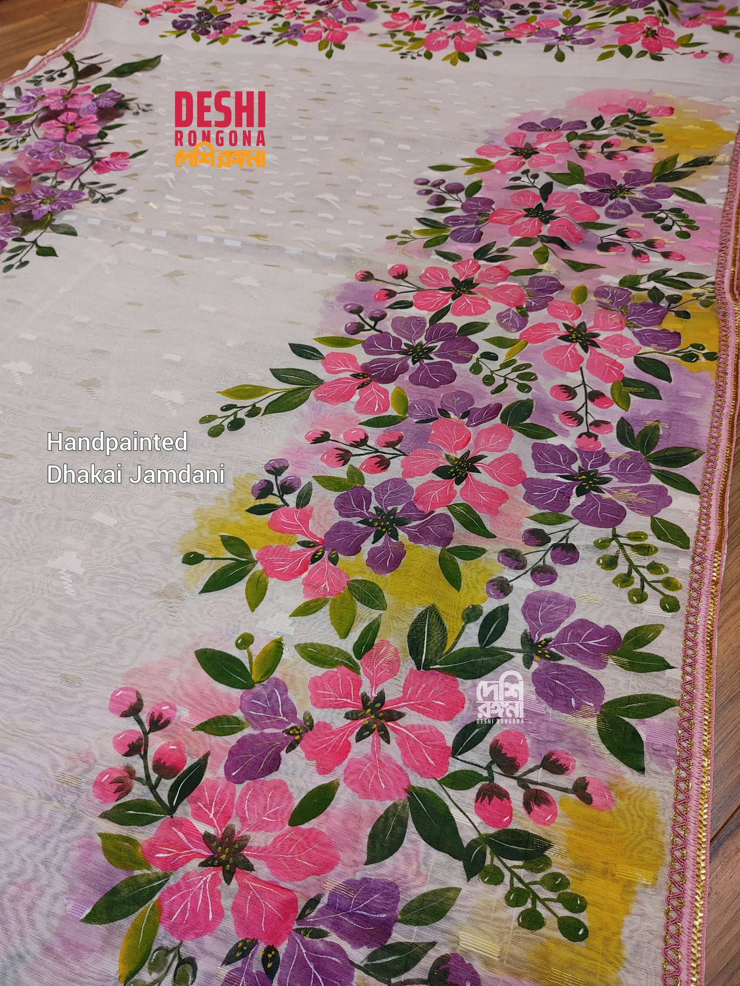 Handpainted Jamdani, Original Dhakai Saree | Queens Crepe Myrtle Flower Theme