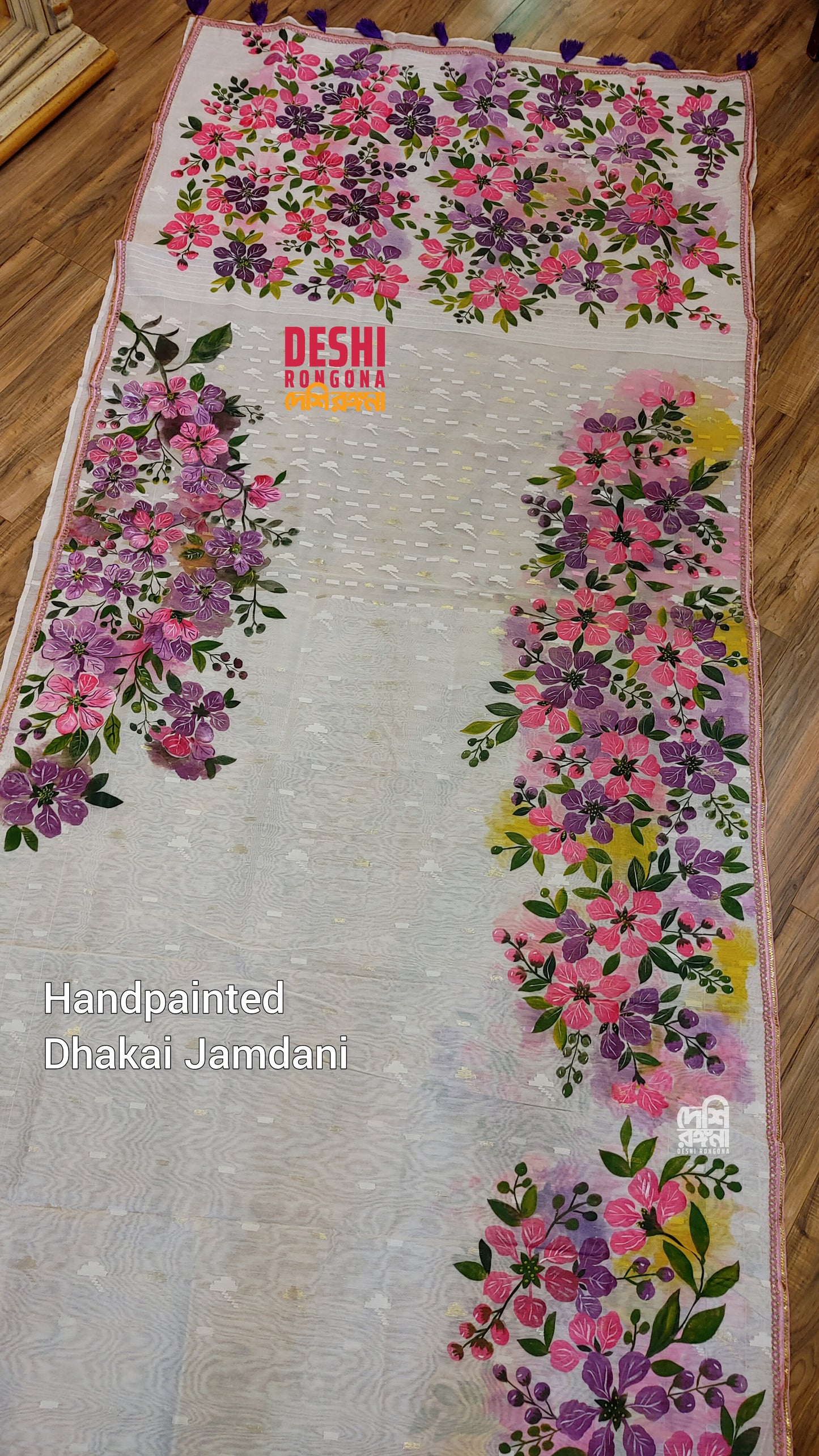 Handpainted Jamdani, Original Dhakai Saree | Queens Crepe Myrtle Flower Theme