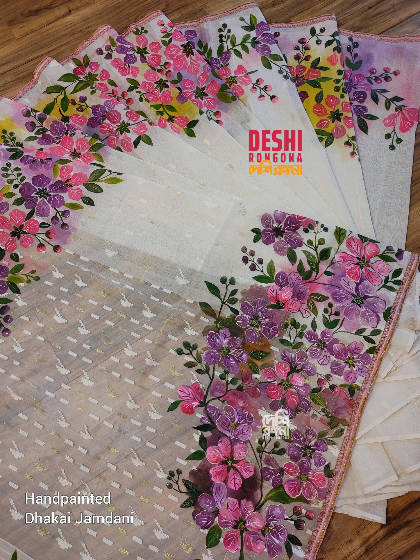Handpainted Jamdani, Original Dhakai Saree | Queens Crepe Myrtle Flower Theme