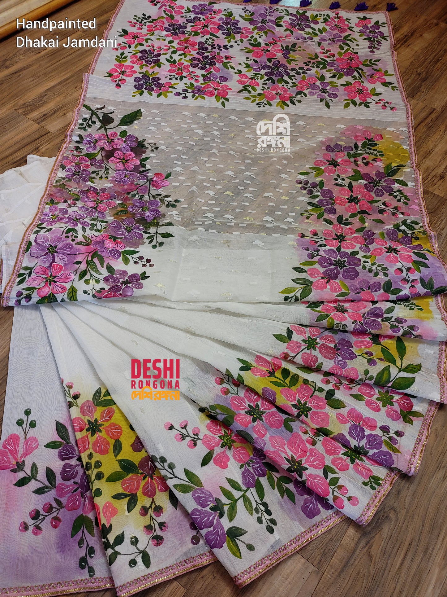 Handpainted Jamdani, Original Dhakai Saree | Queens Crepe Myrtle Flower Theme