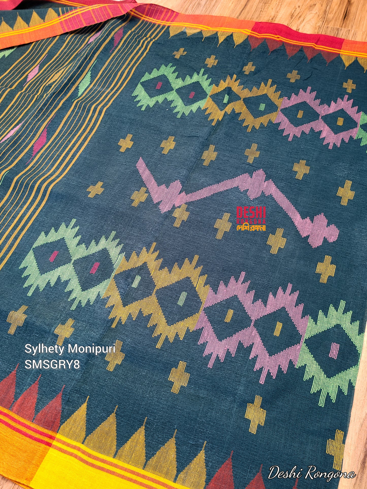 Sylheti Monipuri Handwoven Cotton Saree – Sea Green Beauty