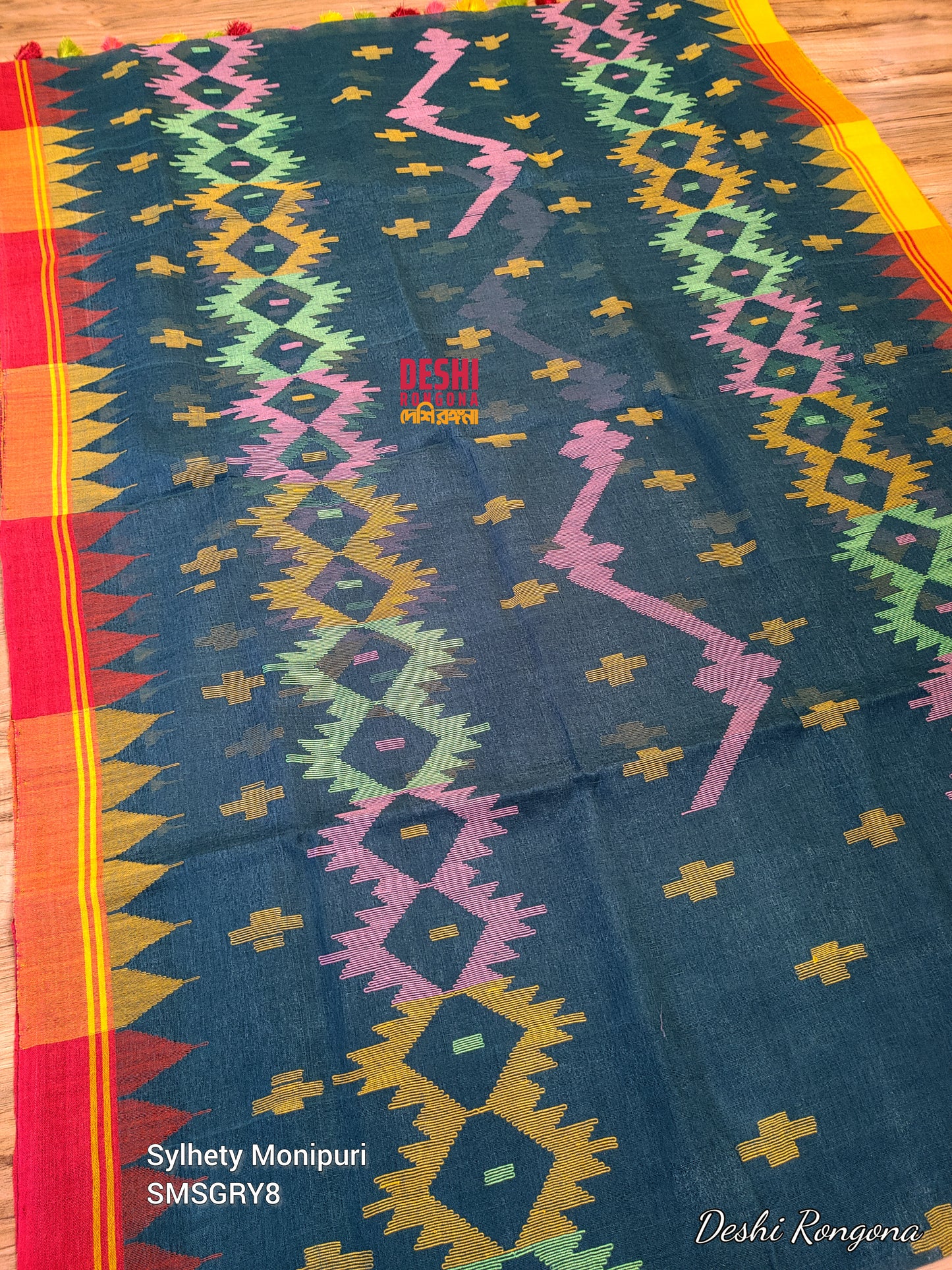 Sylheti Monipuri Handwoven Cotton Saree – Sea Green Beauty