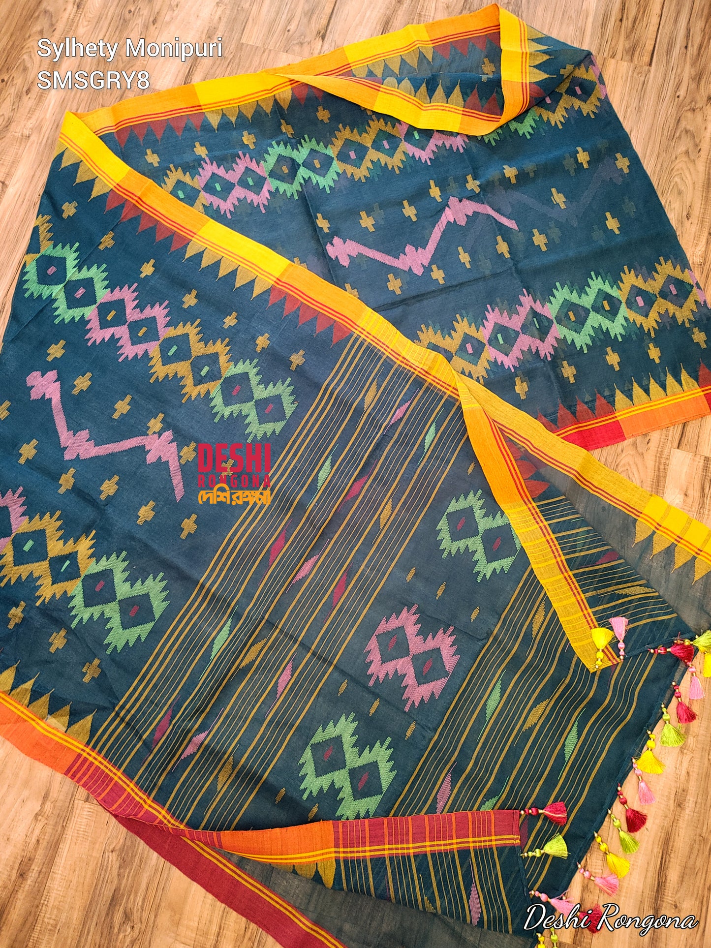 Sylheti Monipuri Handwoven Cotton Saree – Sea Green Beauty