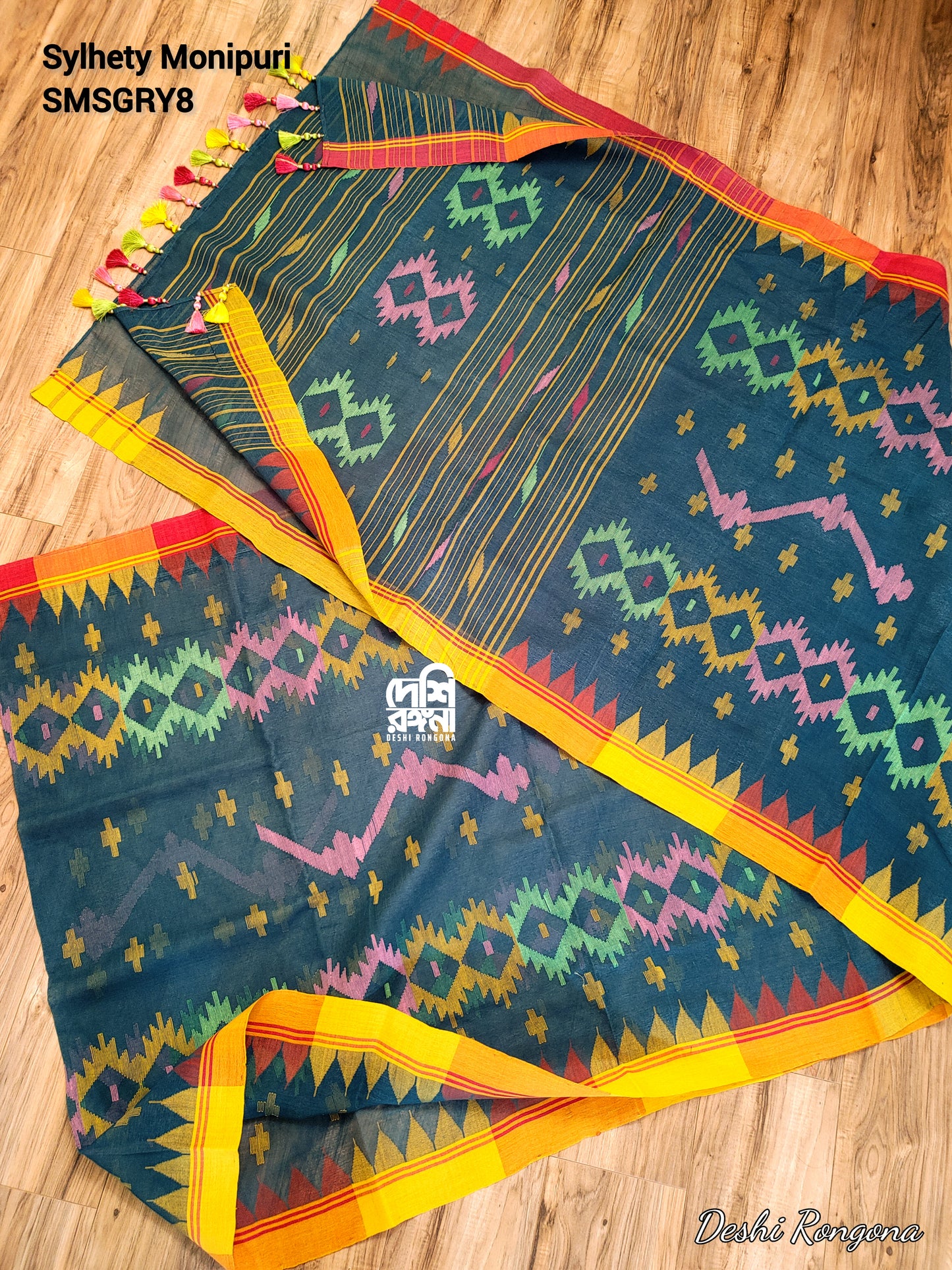Sylheti Monipuri Handwoven Cotton Saree – Sea Green Beauty