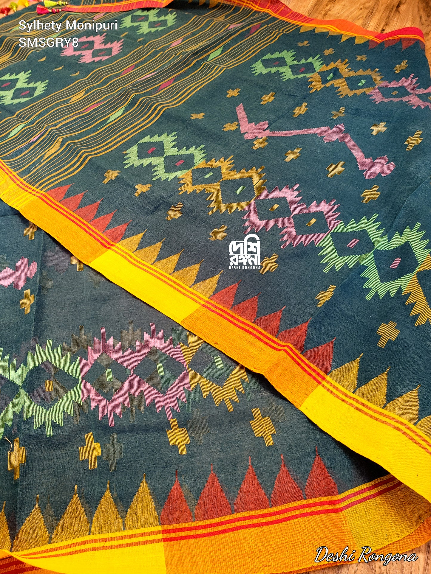 Sylheti Monipuri Handwoven Cotton Saree – Sea Green Beauty