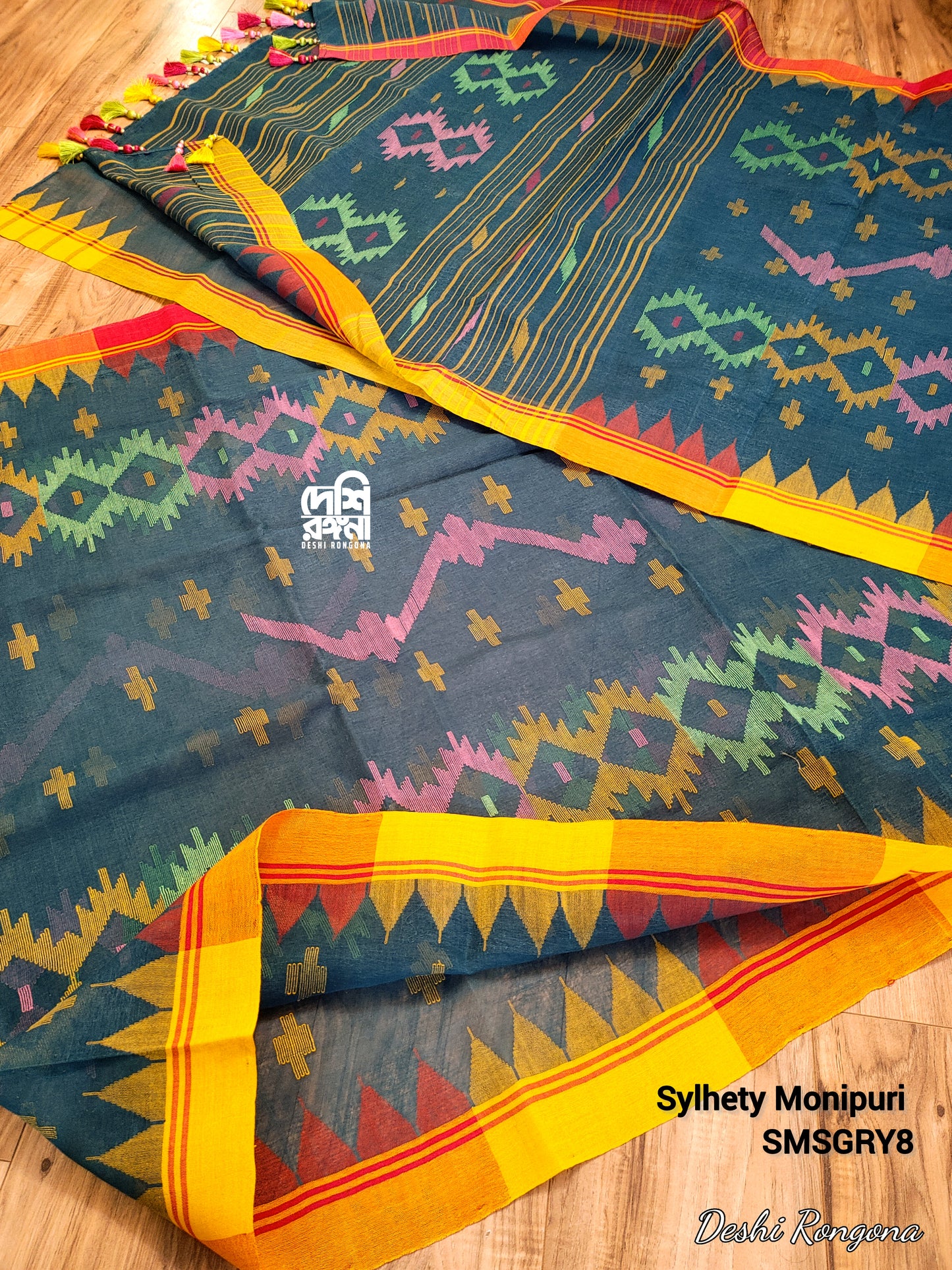 Sylheti Monipuri Handwoven Cotton Saree – Sea Green Beauty