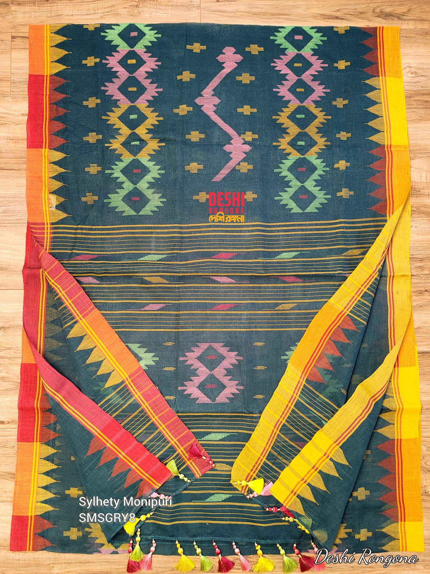 Sylheti Monipuri Handwoven Cotton Saree – Sea Green Beauty