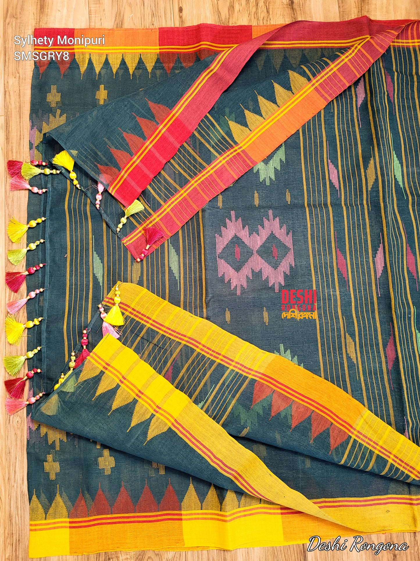 Sylheti Monipuri Handwoven Cotton Saree – Sea Green Beauty
