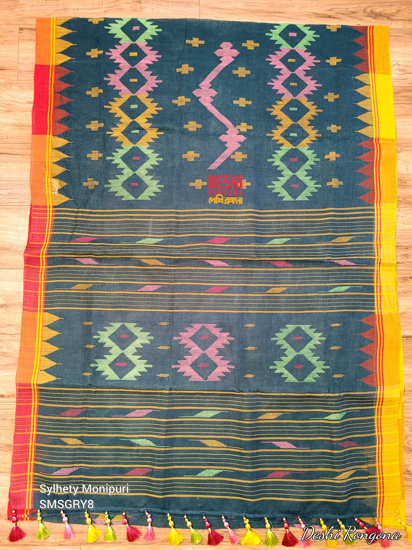 Sylheti Monipuri Handwoven Cotton Saree – Sea Green Beauty