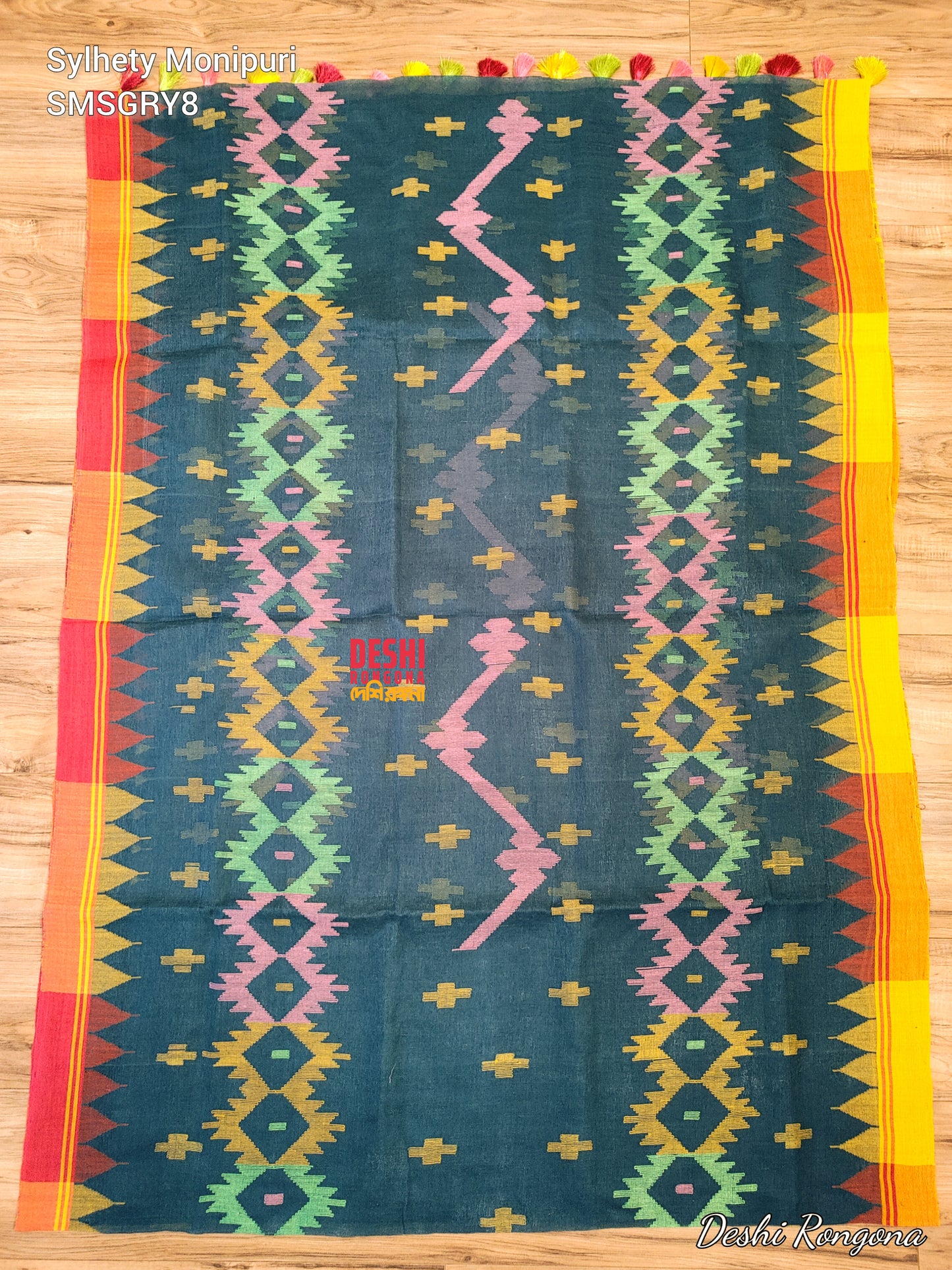 Sylheti Monipuri Handwoven Cotton Saree – Sea Green Beauty