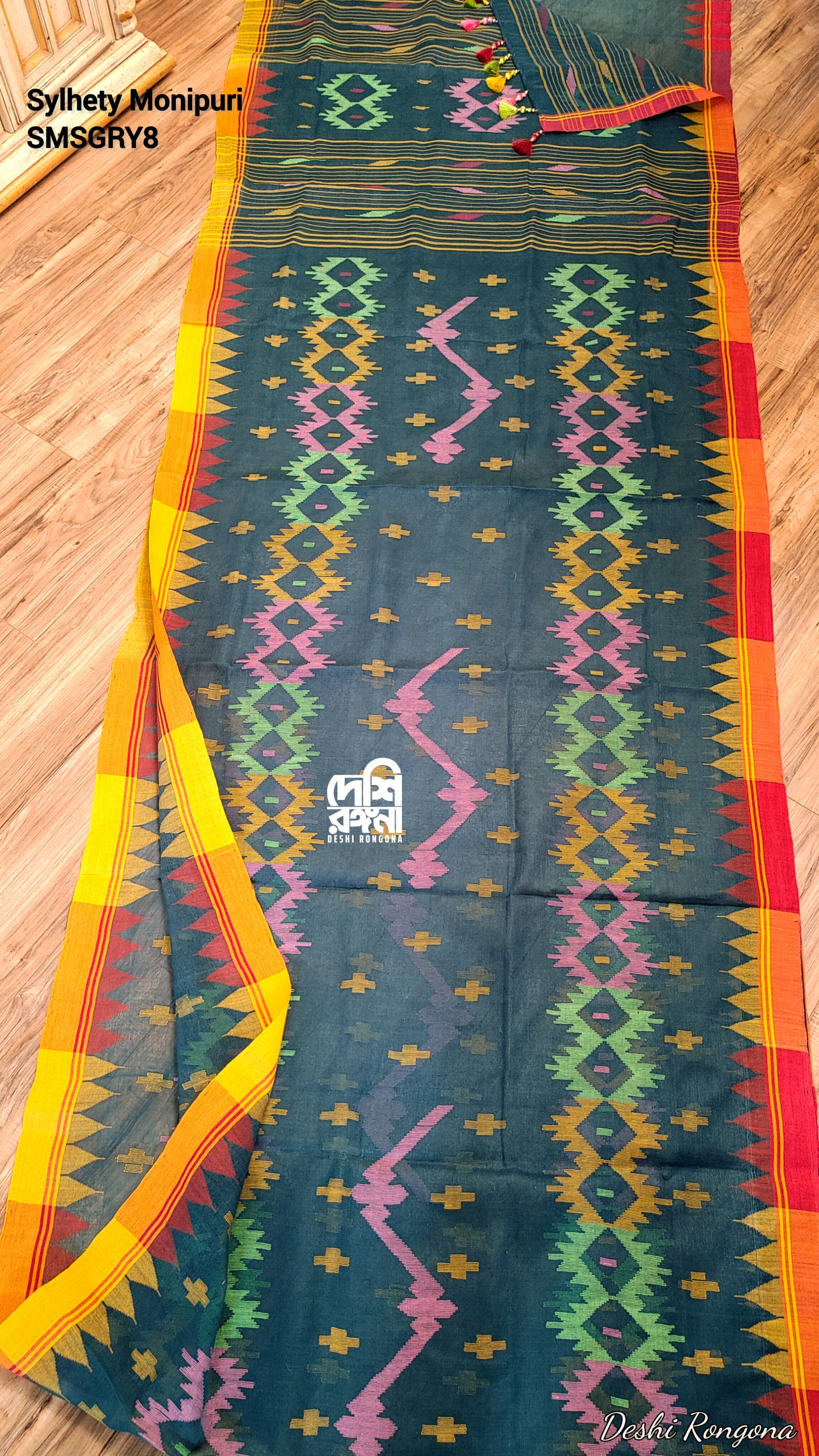 Sylheti Monipuri Handwoven Cotton Saree – Sea Green Beauty