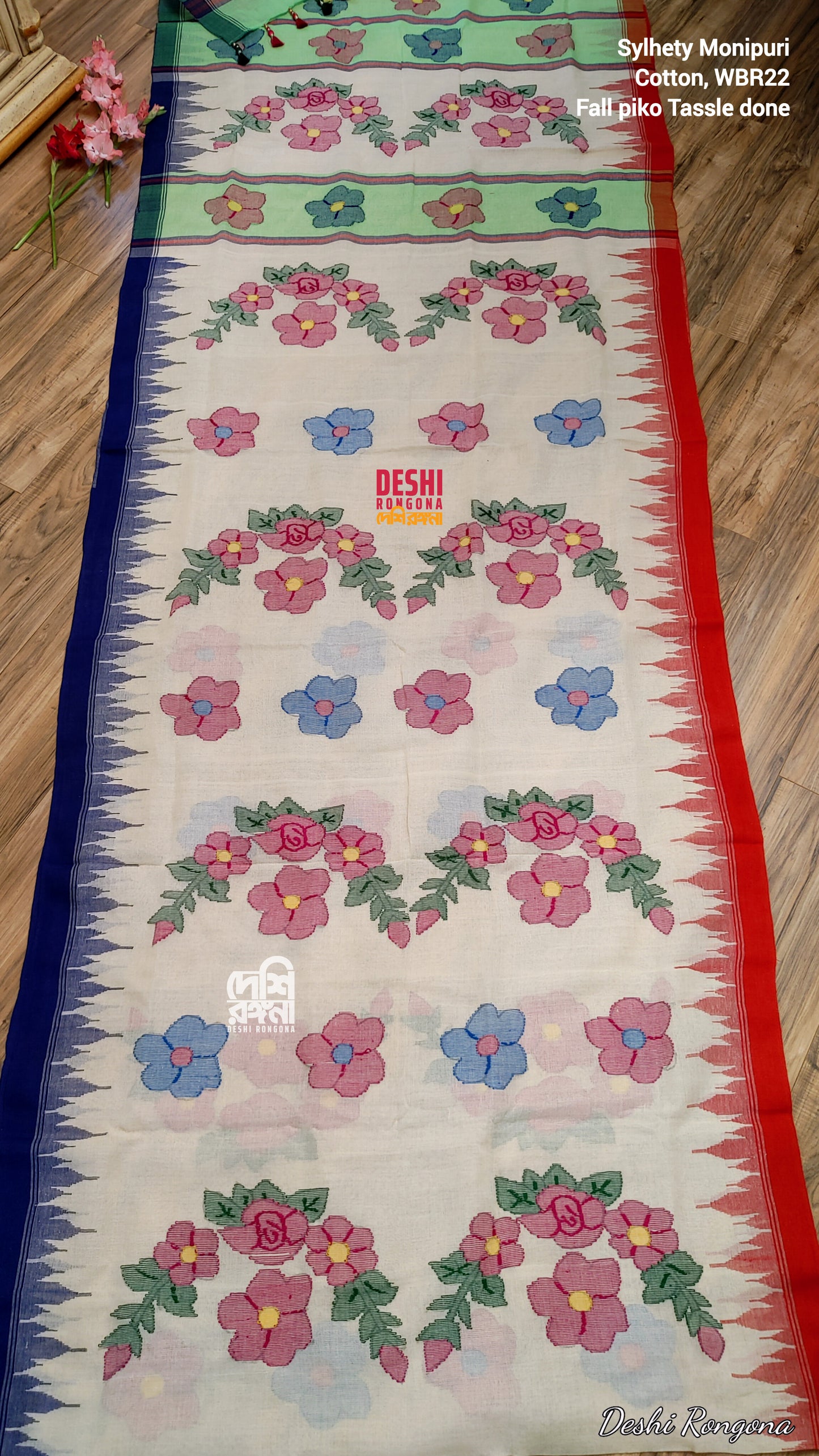Sylheti Monipuri Handwoven Cotton Saree with Tajmahal Border