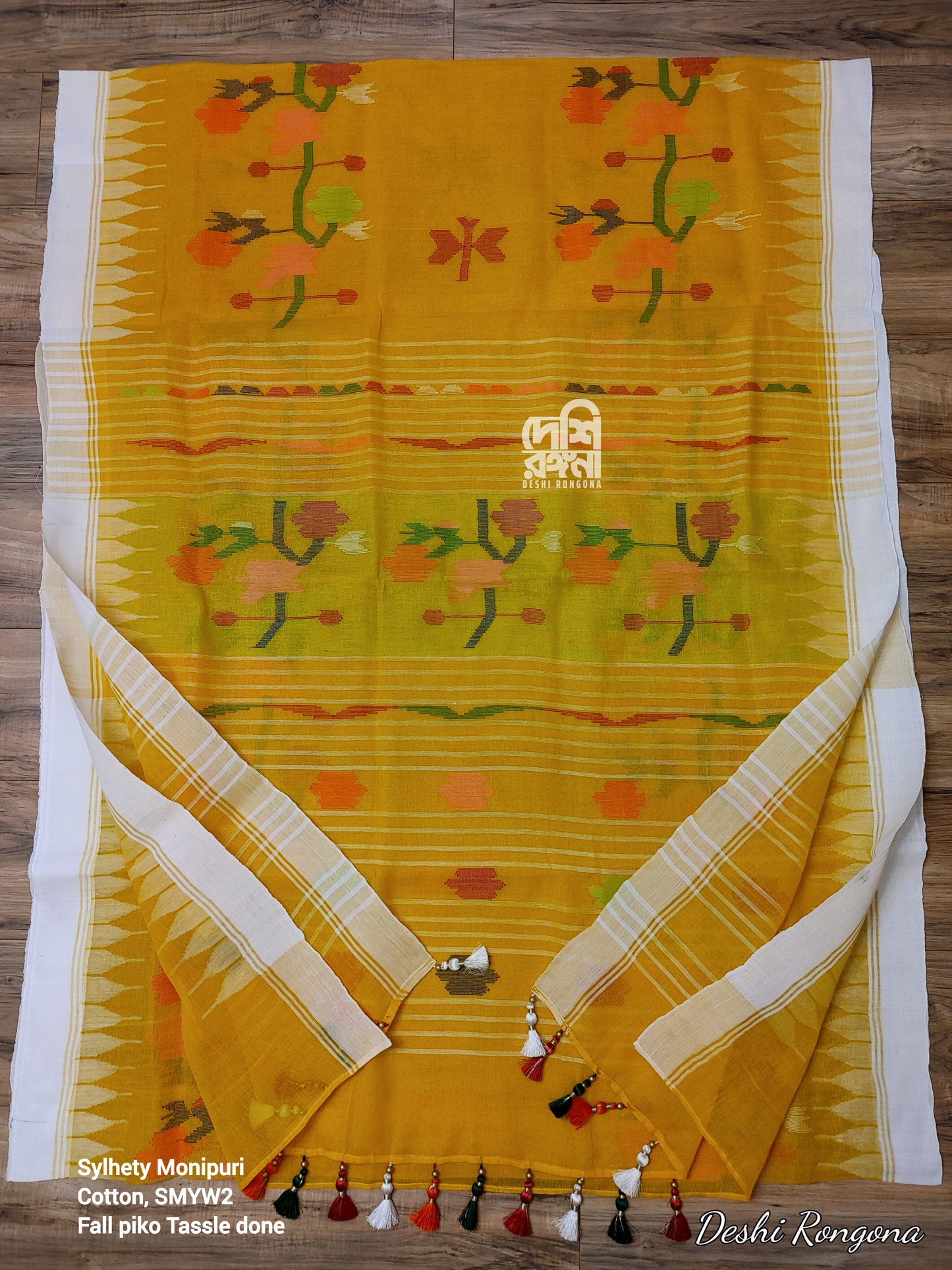 Sylheti Monipuri Handwoven Cotton Saree – Mustard Yellow