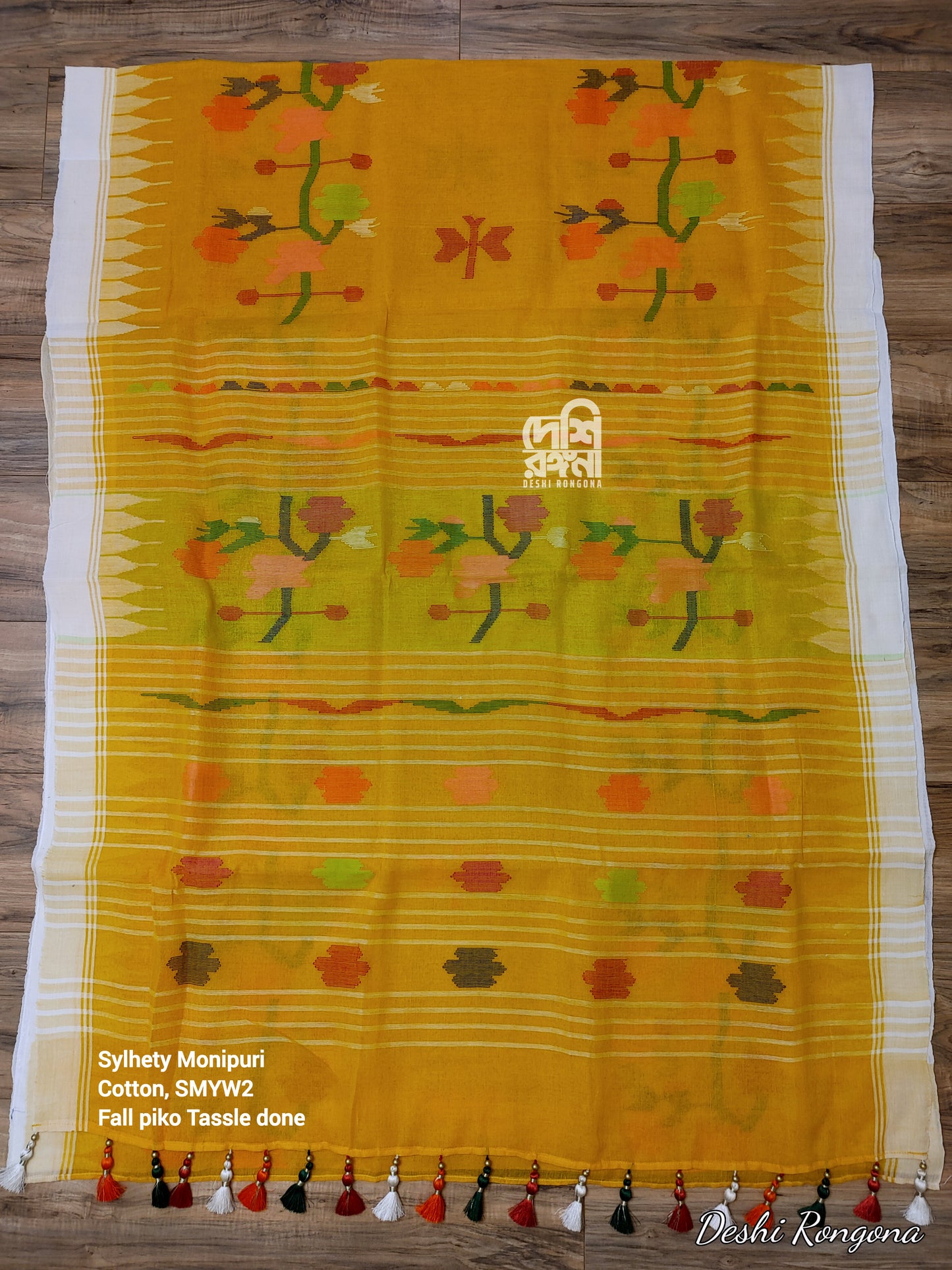 Sylheti Monipuri Handwoven Cotton Saree – Mustard Yellow