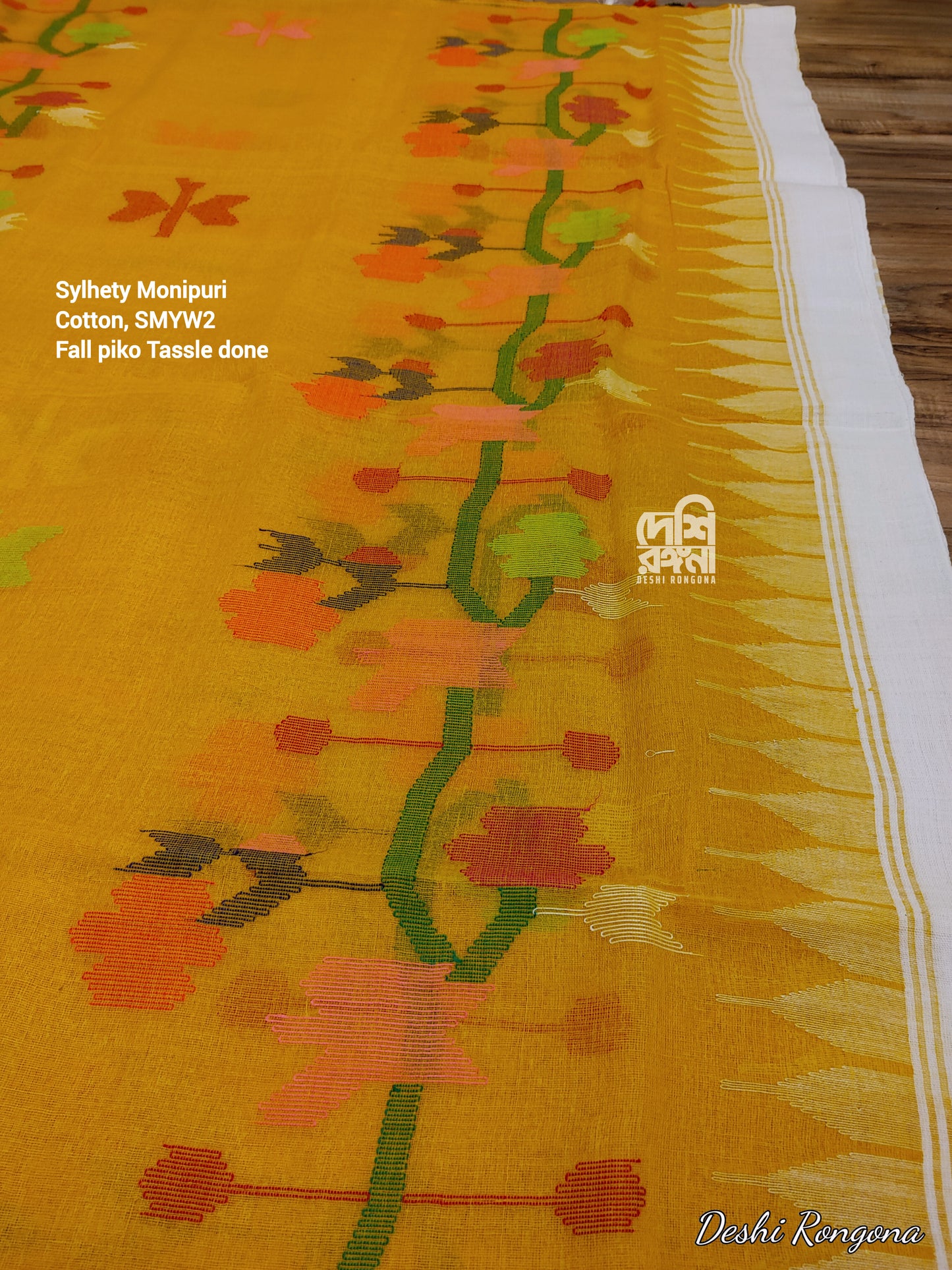 Sylheti Monipuri Handwoven Cotton Saree – Mustard Yellow