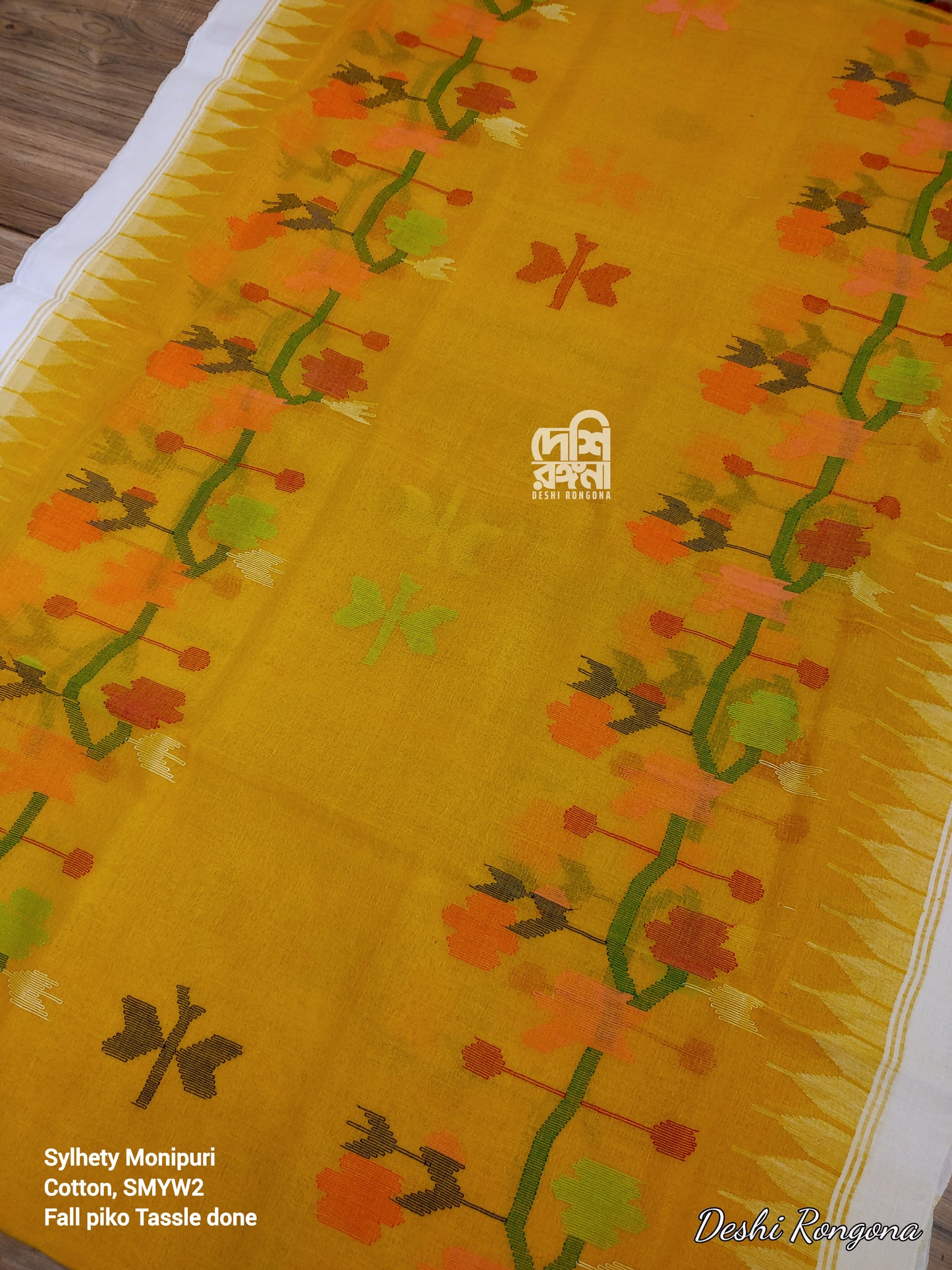 Sylheti Monipuri Handwoven Cotton Saree – Mustard Yellow