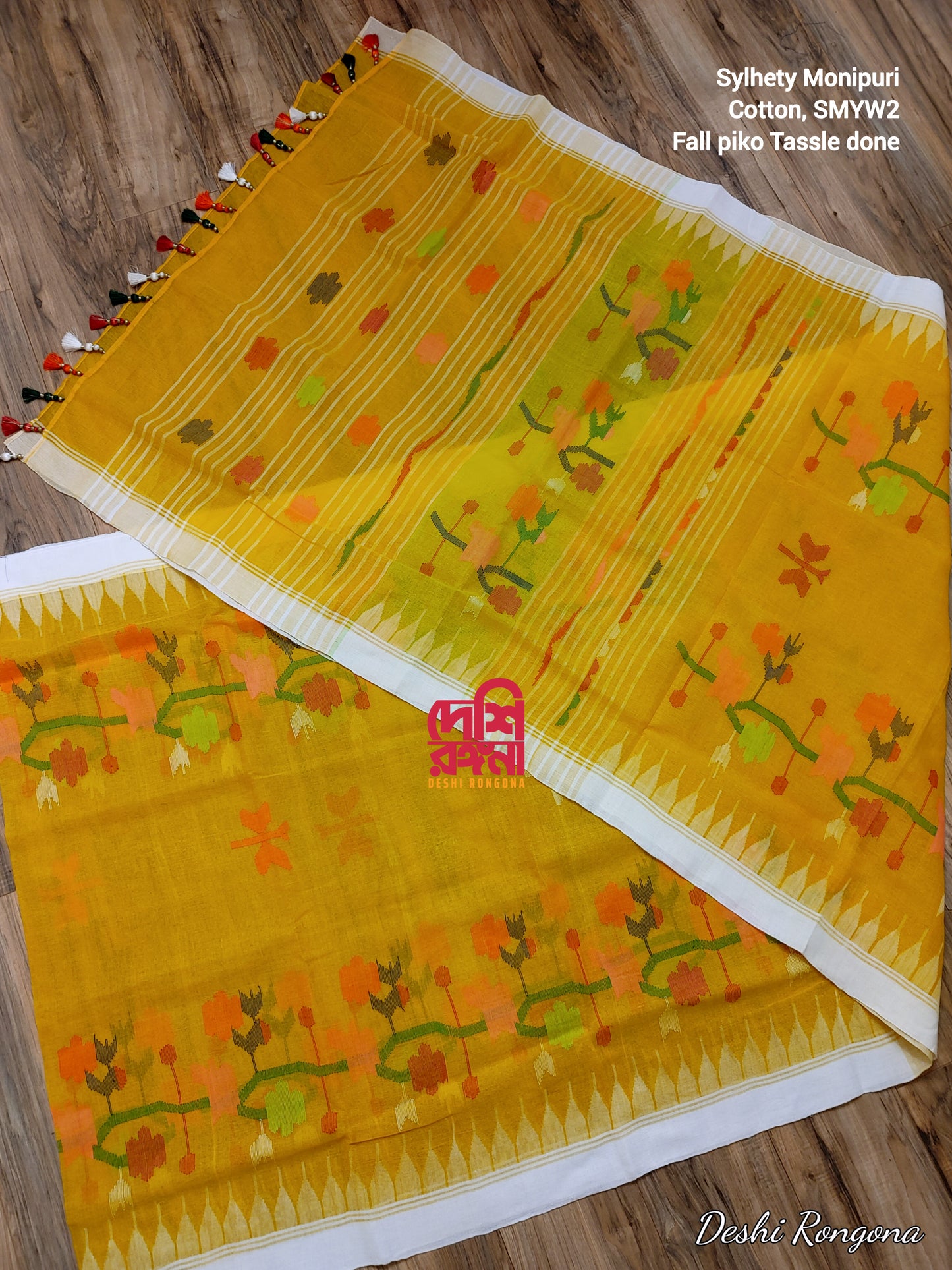 Sylheti Monipuri Handwoven Cotton Saree – Mustard Yellow