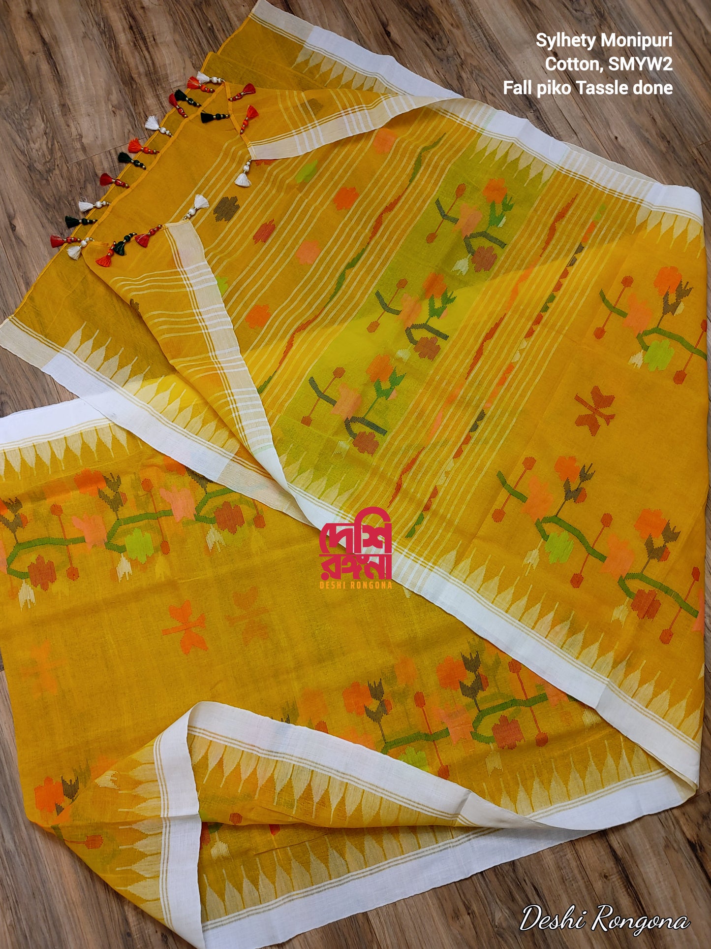 Sylheti Monipuri Handwoven Cotton Saree – Mustard Yellow