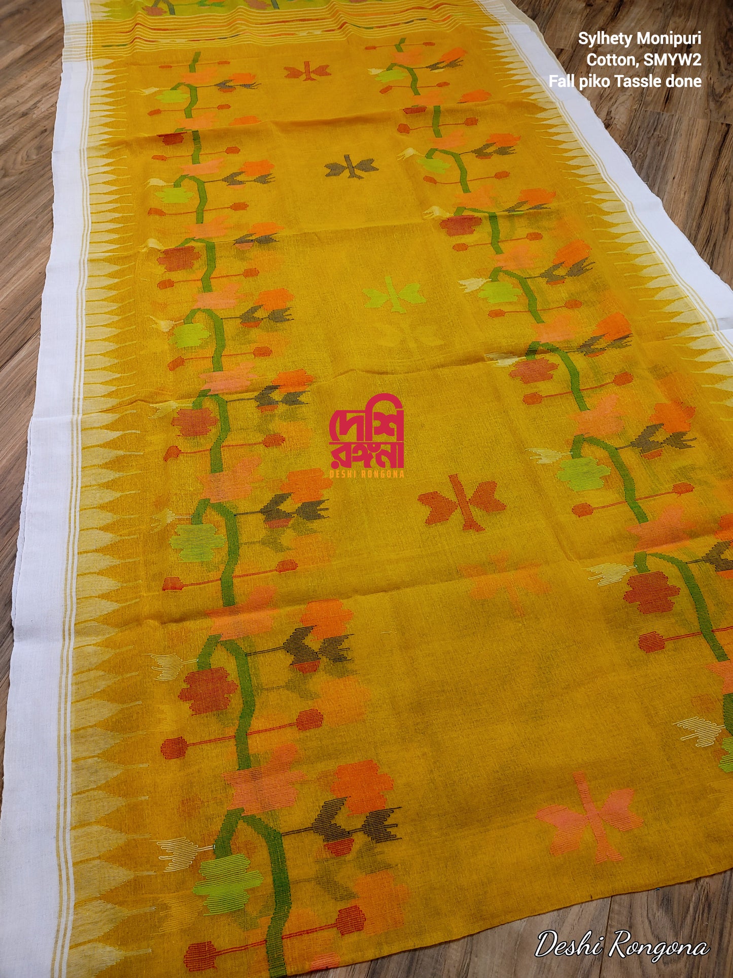 Sylheti Monipuri Handwoven Cotton Saree – Mustard Yellow