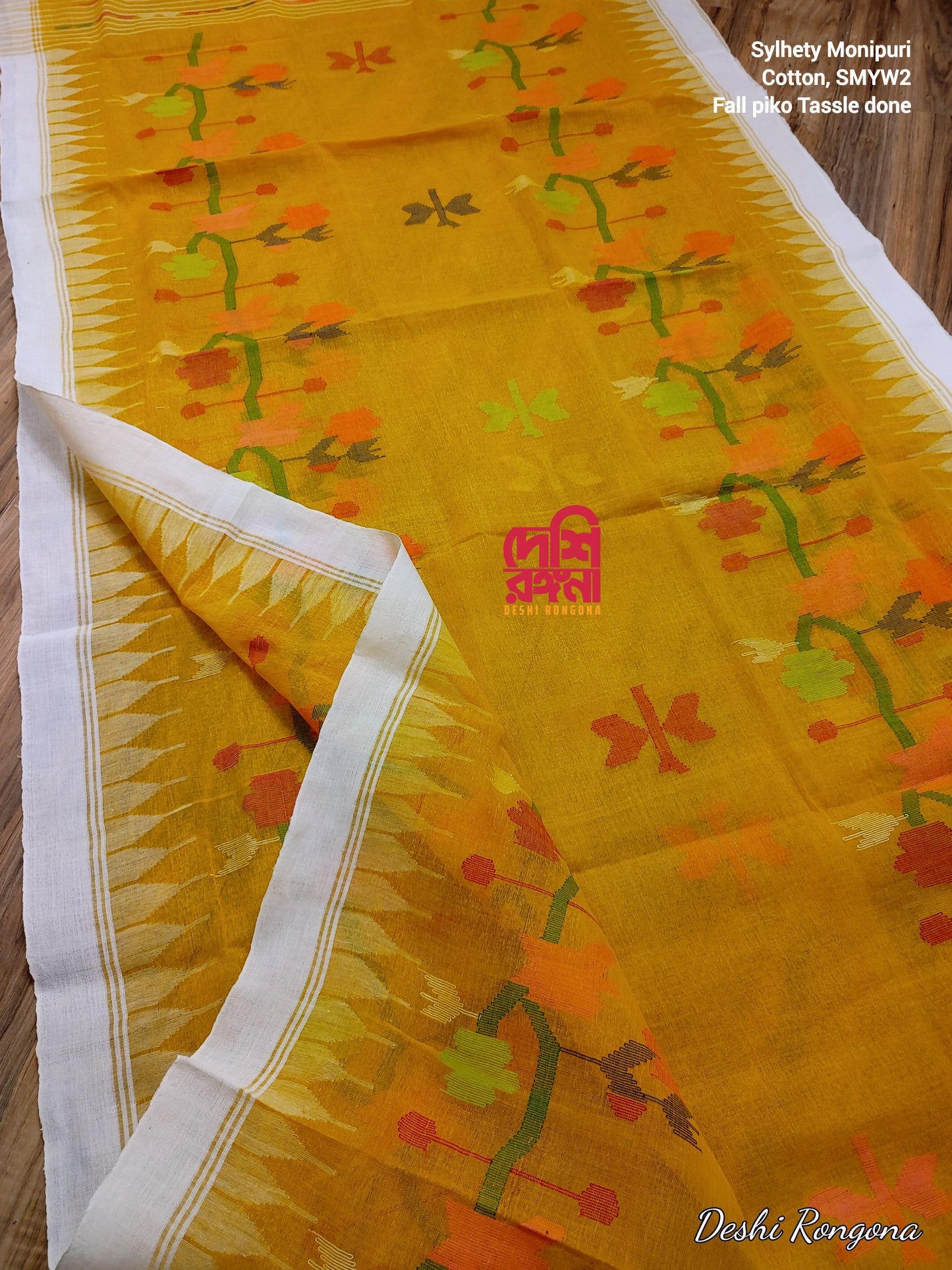 Sylheti Monipuri Handwoven Cotton Saree – Mustard Yellow