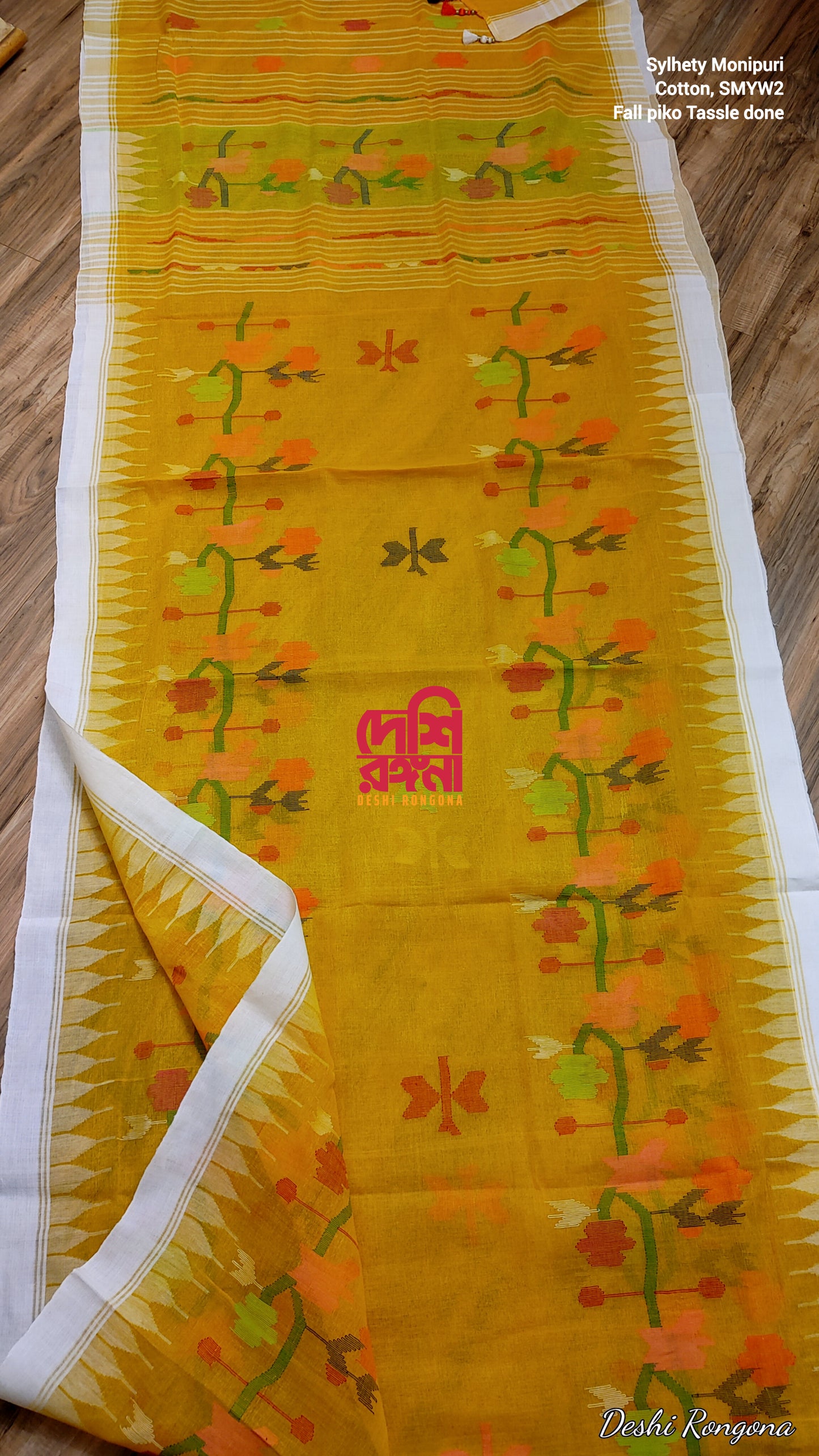 Sylheti Monipuri Handwoven Cotton Saree – Mustard Yellow