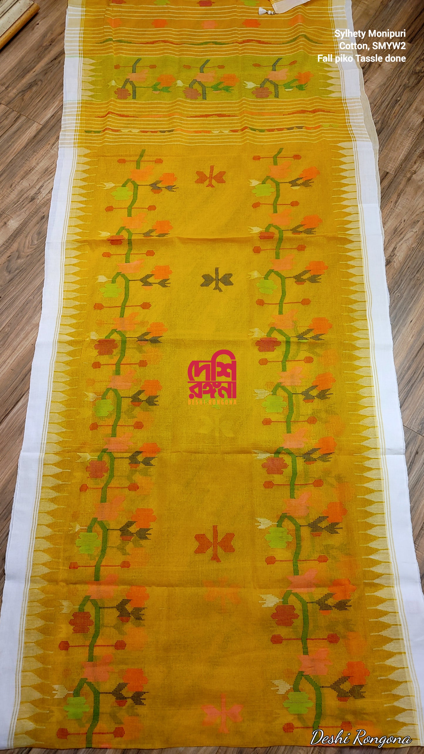 Sylheti Monipuri Handwoven Cotton Saree – Mustard Yellow