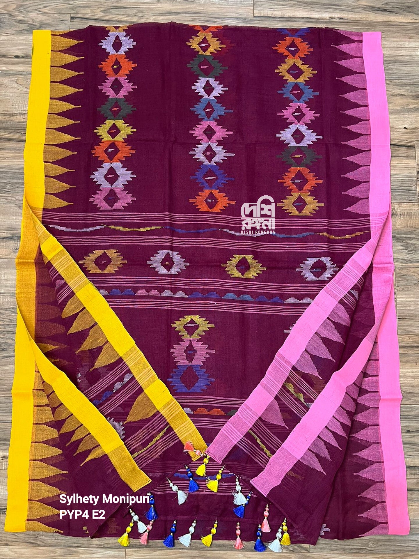 Sylheti Monipuri Handwoven Cotton Saree – Purple Plum (beetroot color)