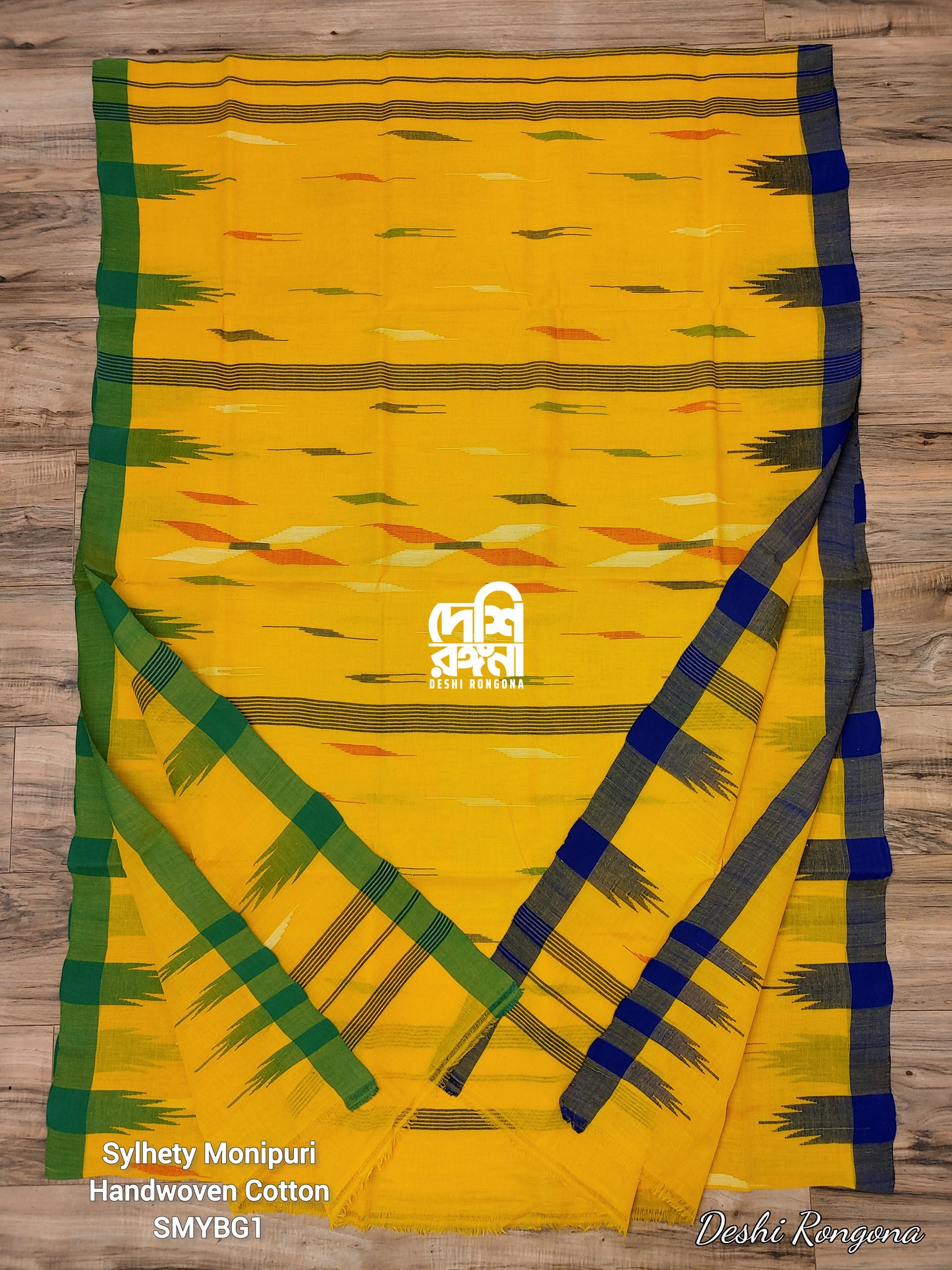 Sylheti Monipuri Handwoven Saree – Mustard Yellow & Green