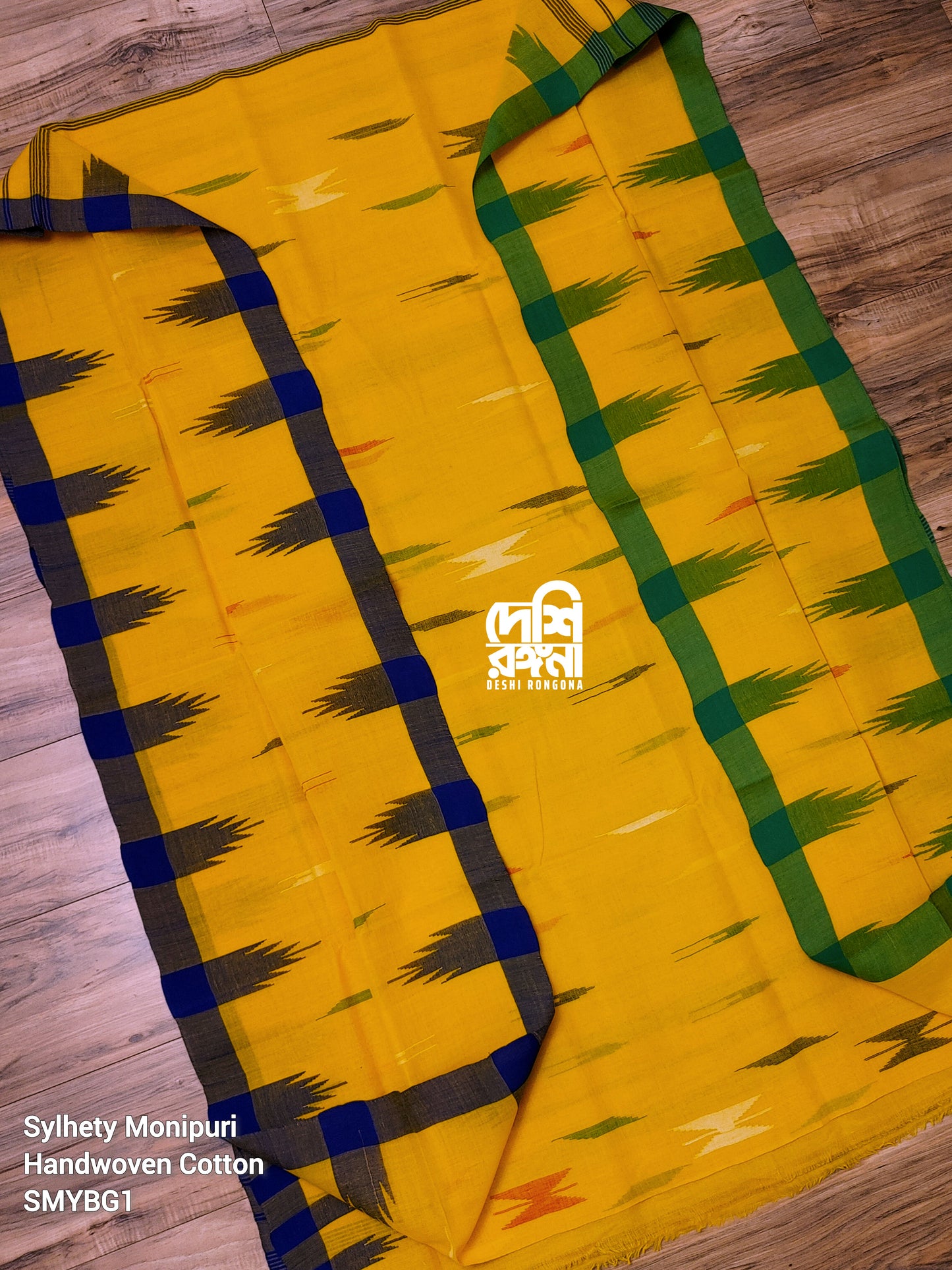 Sylheti Monipuri Handwoven Saree – Mustard Yellow & Green