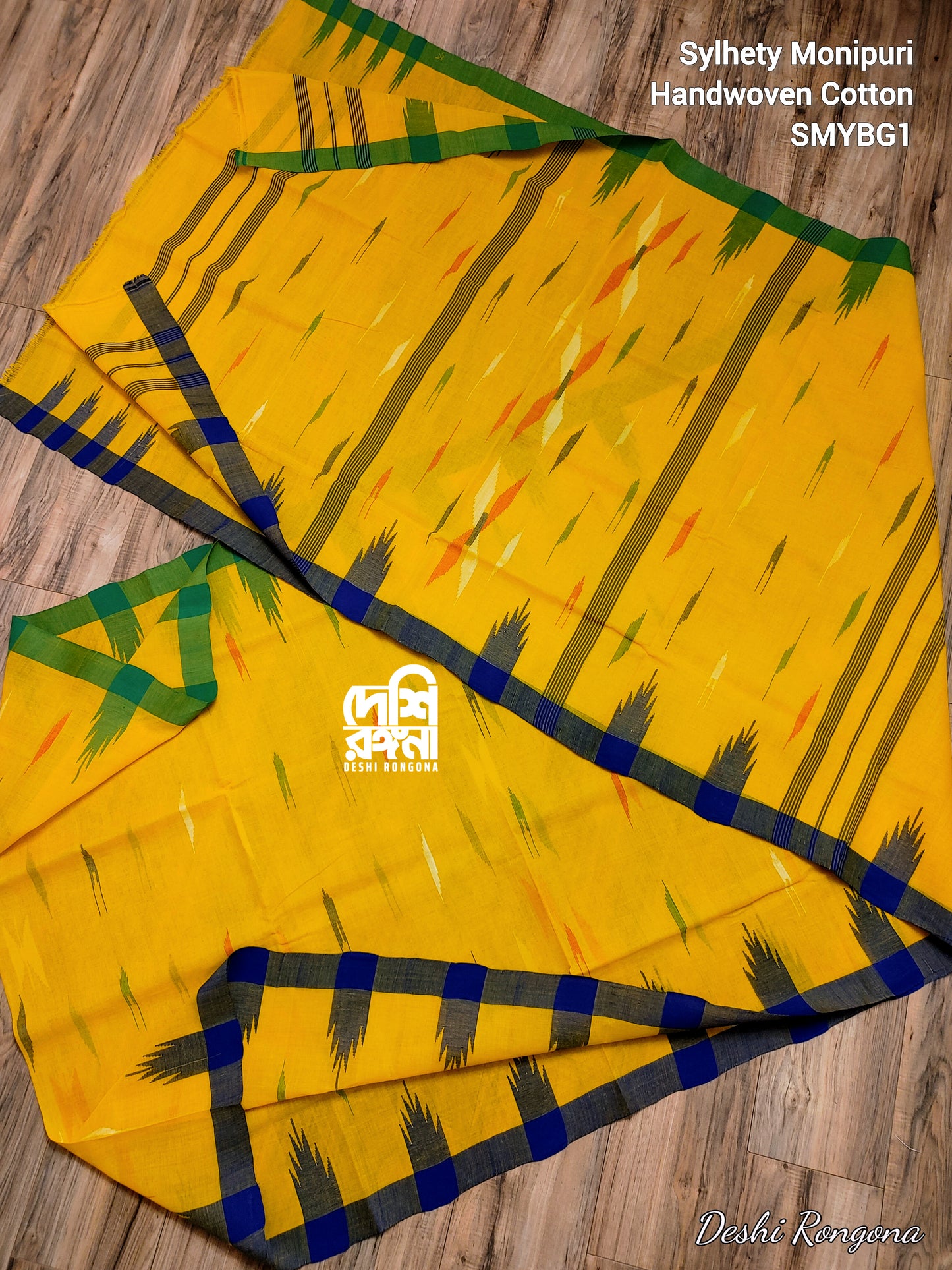 Sylheti Monipuri Handwoven Saree – Mustard Yellow & Green