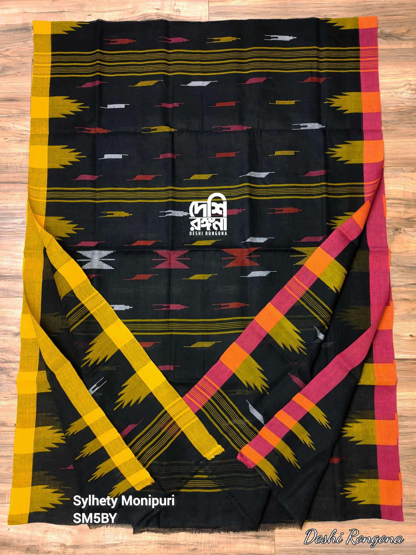 Sylheti Monipuri Cotton Saree – Black Ganga Jamnuna Handwoven