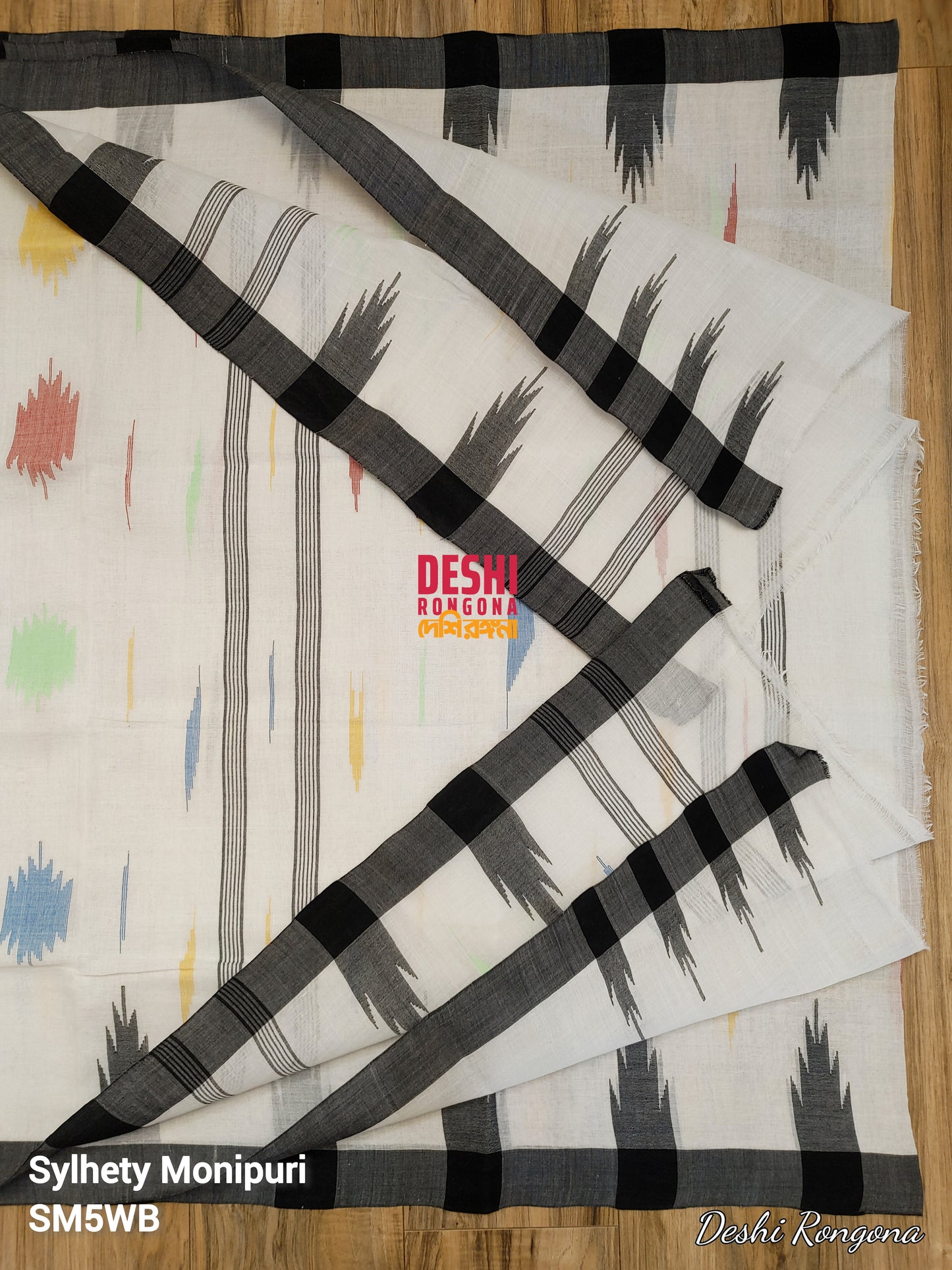 Sylheti Monipuri Handwoven Cotton Saree – White & Black