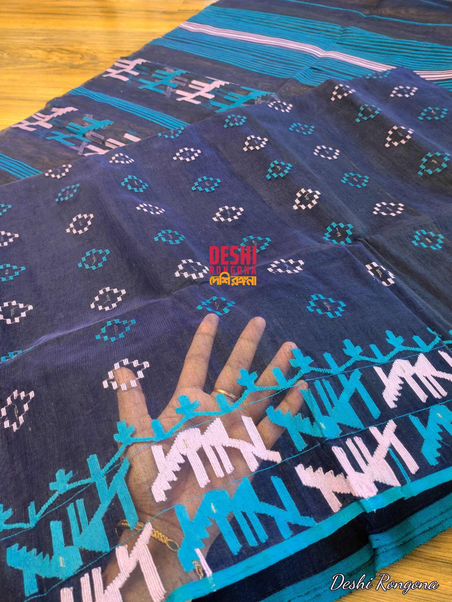 Original Dhakai Jamdani Saree, Handwoven Navy Blue with Pink/Blue work, 64 count, Halfsilk, Traditional, Classy Saree, Fall piko tassle done