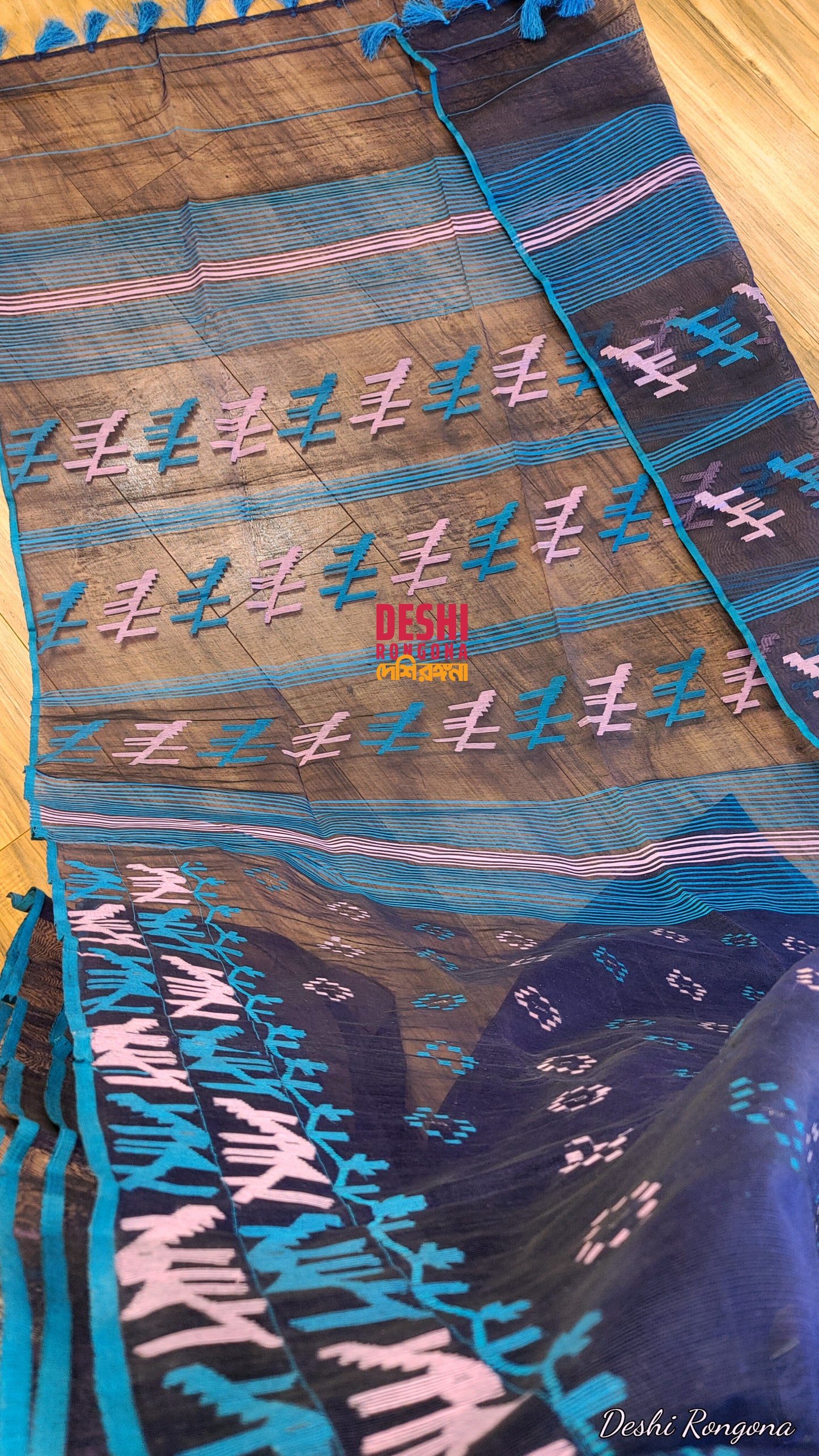 Original Dhakai Jamdani Saree, Handwoven Navy Blue with Pink/Blue work, 64 count, Halfsilk, Traditional, Classy Saree, Fall piko tassle done