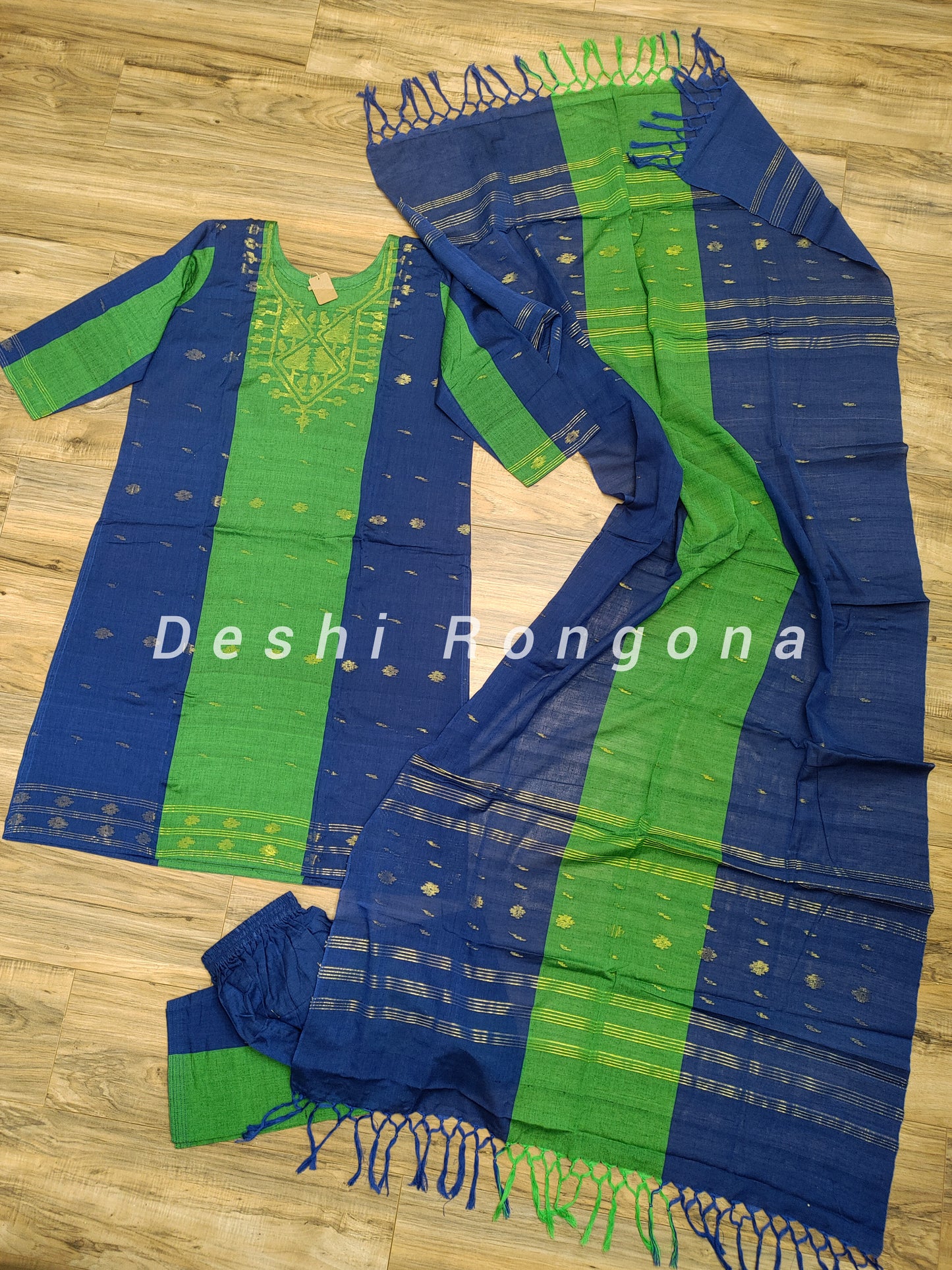 Dhakai Jamdani Handwoven Cotton 3 pc Oversized Dress, Navy Blue and Green Contrast with Golden Zari thread Work