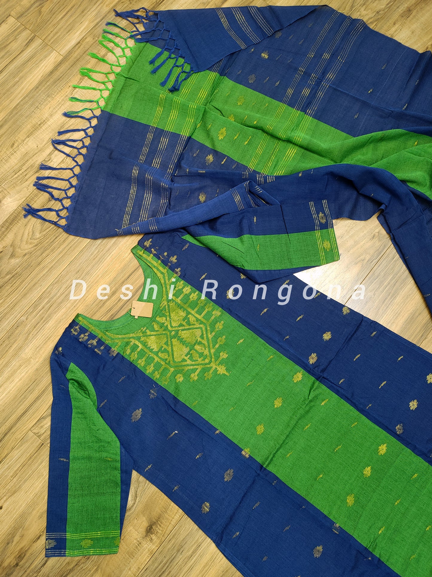 Dhakai Jamdani Handwoven Cotton 3 pc Oversized Dress, Navy Blue and Green Contrast with Golden Zari thread Work