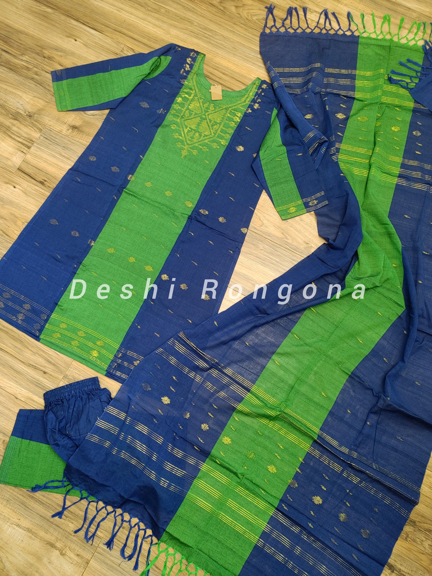 Dhakai Jamdani Handwoven Cotton 3 pc Oversized Dress, Navy Blue and Green Contrast with Golden Zari thread Work