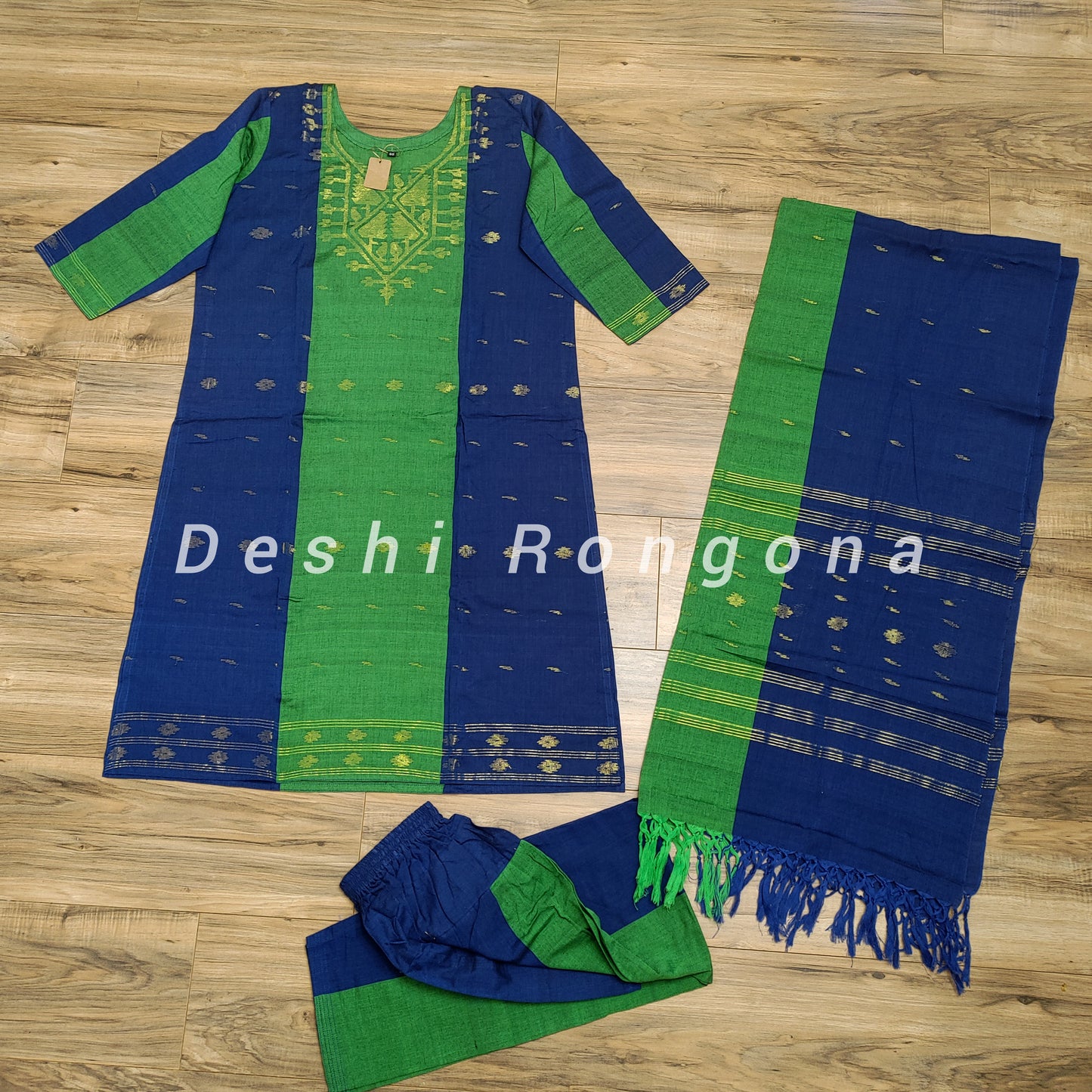 Dhakai Jamdani Handwoven Cotton 3 pc Oversized Dress, Navy Blue and Green Contrast with Golden Zari thread Work