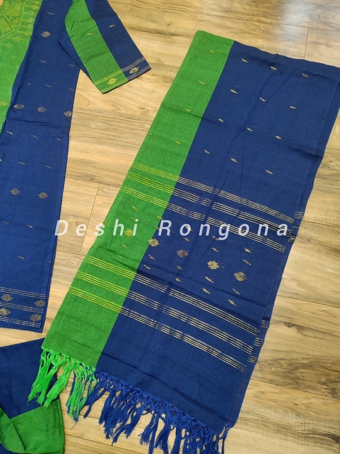 Dhakai Jamdani Handwoven Cotton 3 pc Oversized Dress, Navy Blue and Green Contrast with Golden Zari thread Work