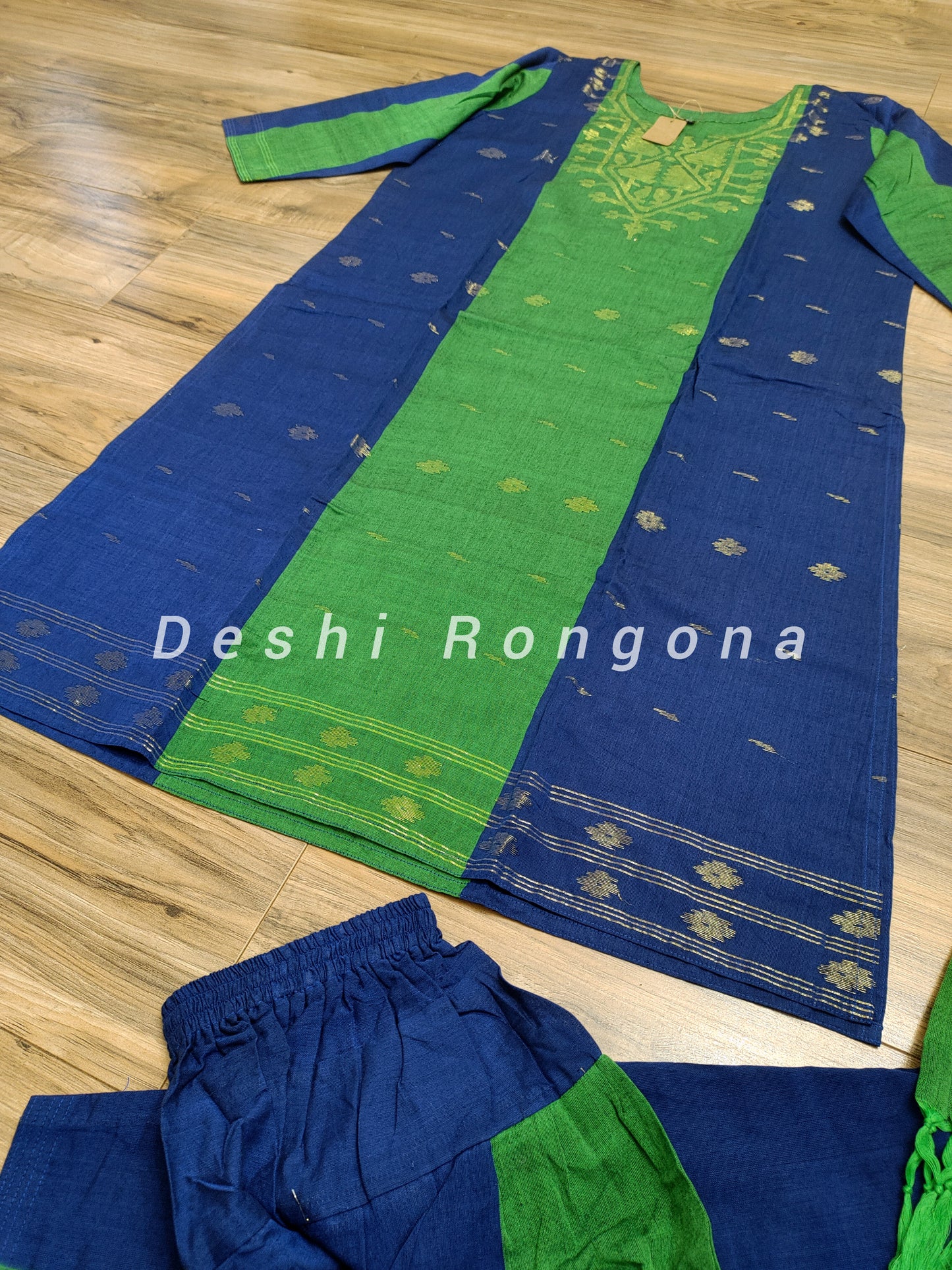 Dhakai Jamdani Handwoven Cotton 3 pc Oversized Dress, Navy Blue and Green Contrast with Golden Zari thread Work