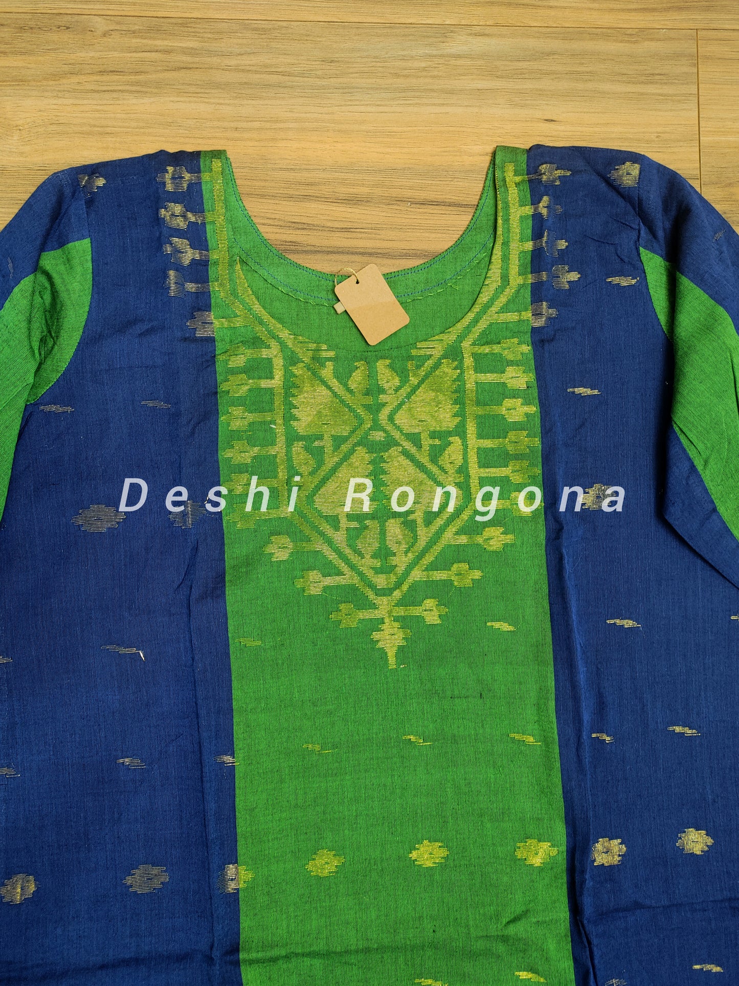 Dhakai Jamdani Handwoven Cotton 3 pc Oversized Dress, Navy Blue and Green Contrast with Golden Zari thread Work
