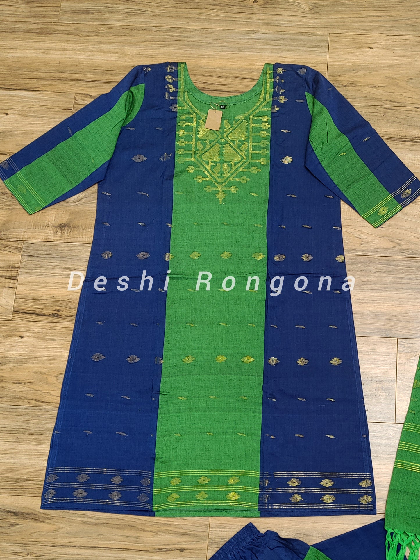 Dhakai Jamdani Handwoven Cotton 3 pc Oversized Dress, Navy Blue and Green Contrast with Golden Zari thread Work